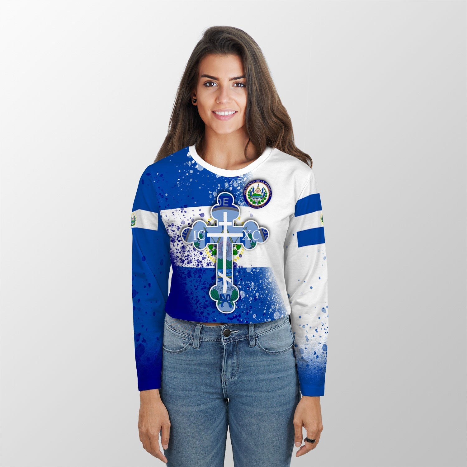 El Salvador Crop Top Long TShirt Flag & Coat Of Arms Orthodox Style