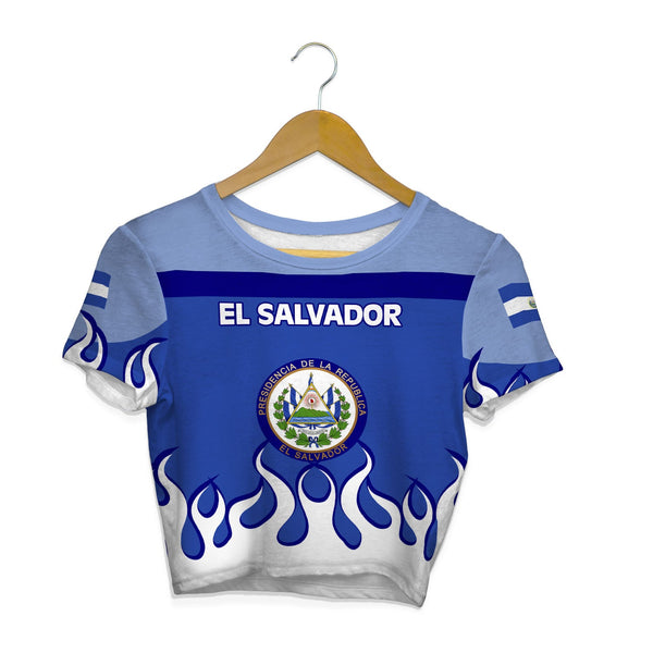 El Salvador Crop Top T Shirt Flag & Coat Of Arms Fire Hockey Style