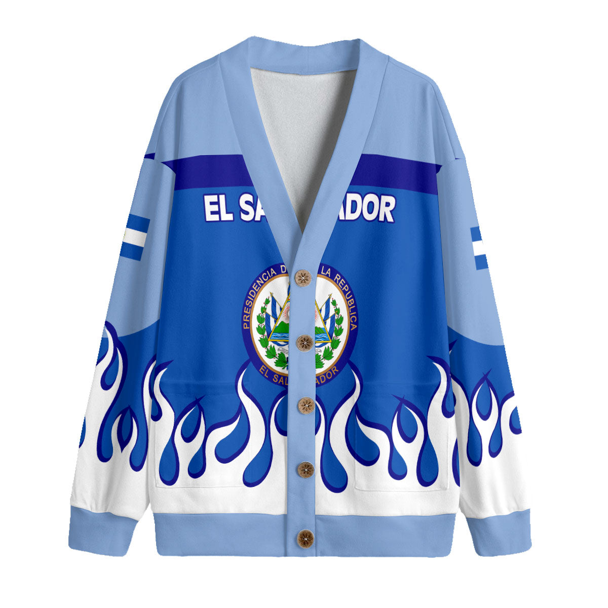 El Salvador Fleece Cardigan Flag & Coat Of Arms Fire Hockey Style