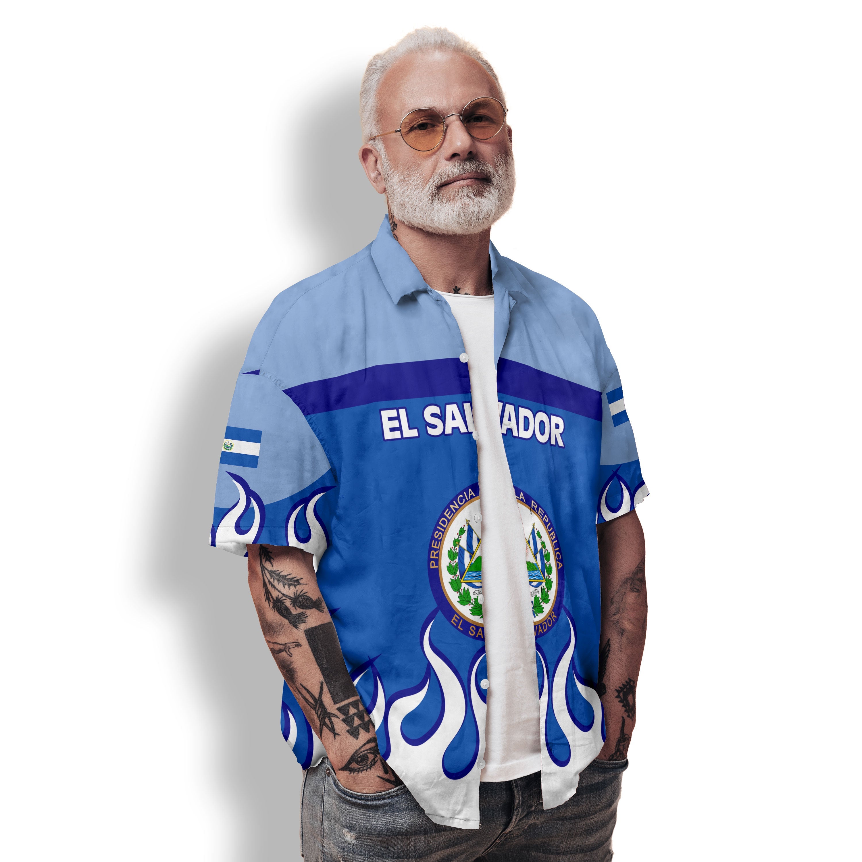 El Salvador Hawaiian Shirt Flag & Coat Of Arms Fire Hockey Style