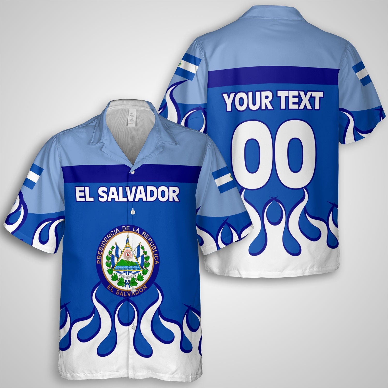 El Salvador Hawaiian Shirt Flag & Coat Of Arms Fire Hockey Style