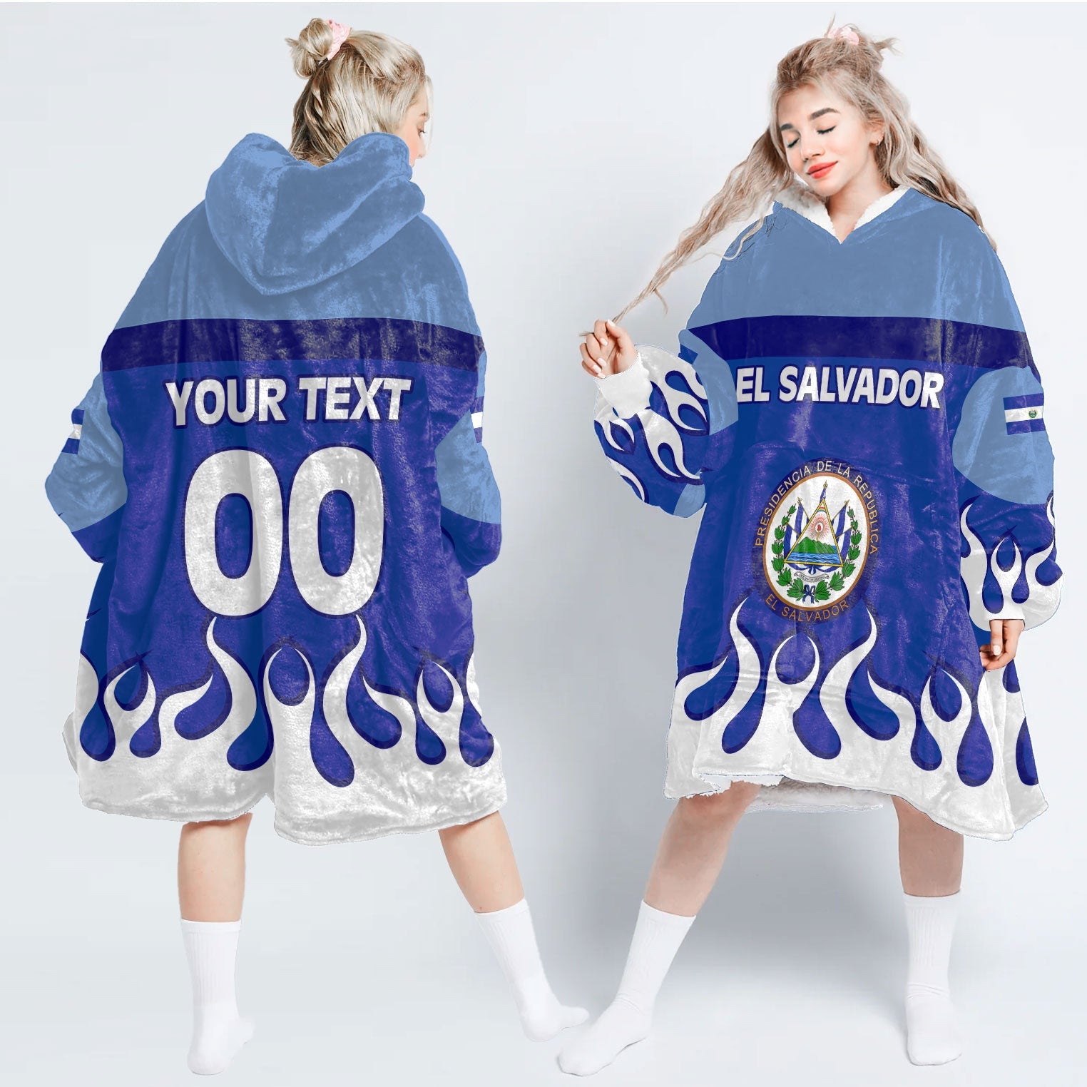 El Salvador Snug Hoodie Flag & Coat Of Arms Fire Hockey Style