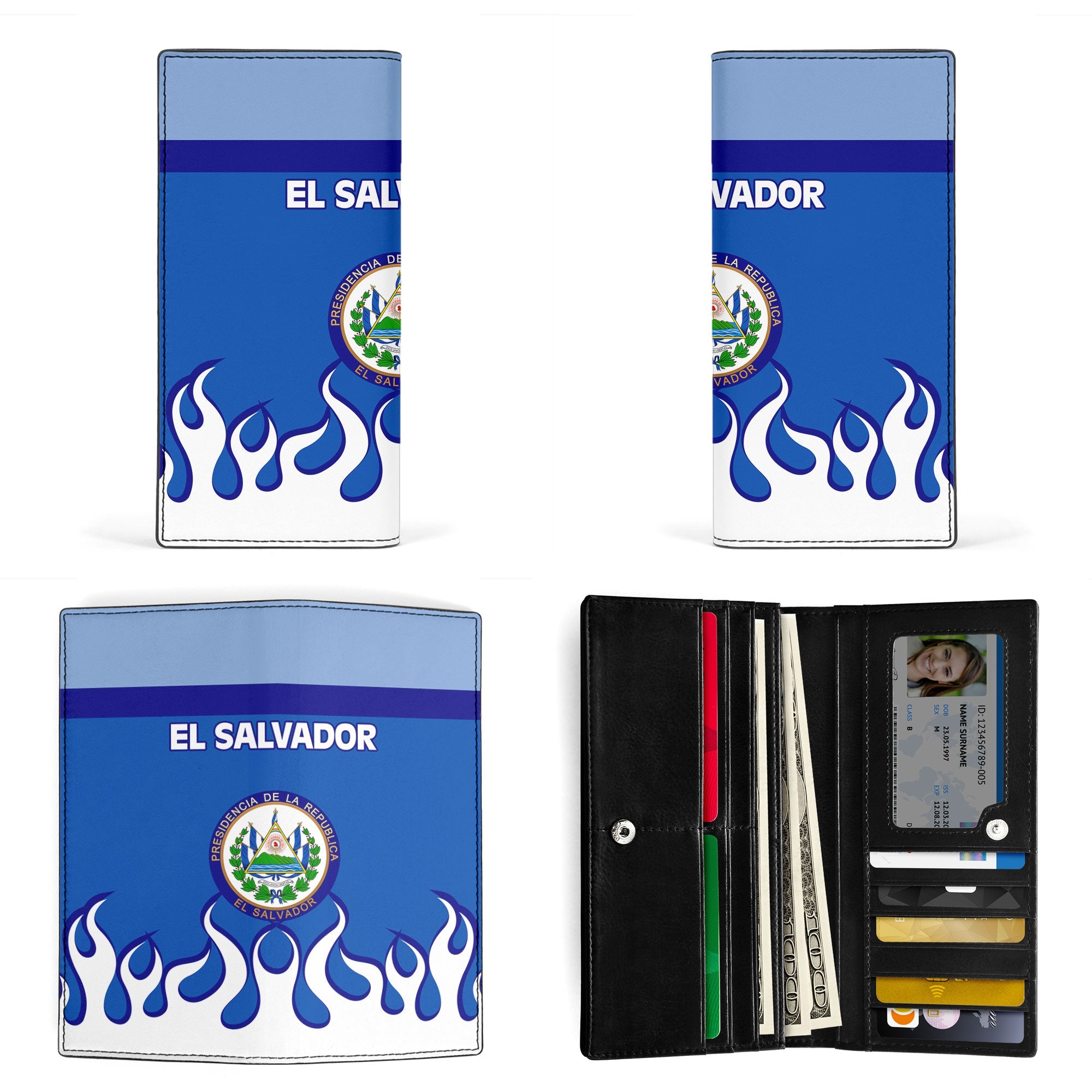 El Salvador Leather Wallet Flag & Coat Of Arms Fire Hockey Style