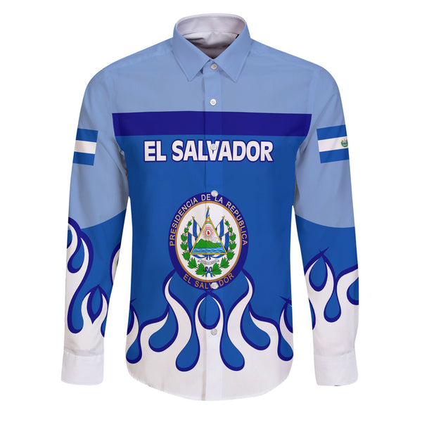 El Salvador Long Sleeve Button Shirt Flag & Coat Of Arms Fire Hockey Style