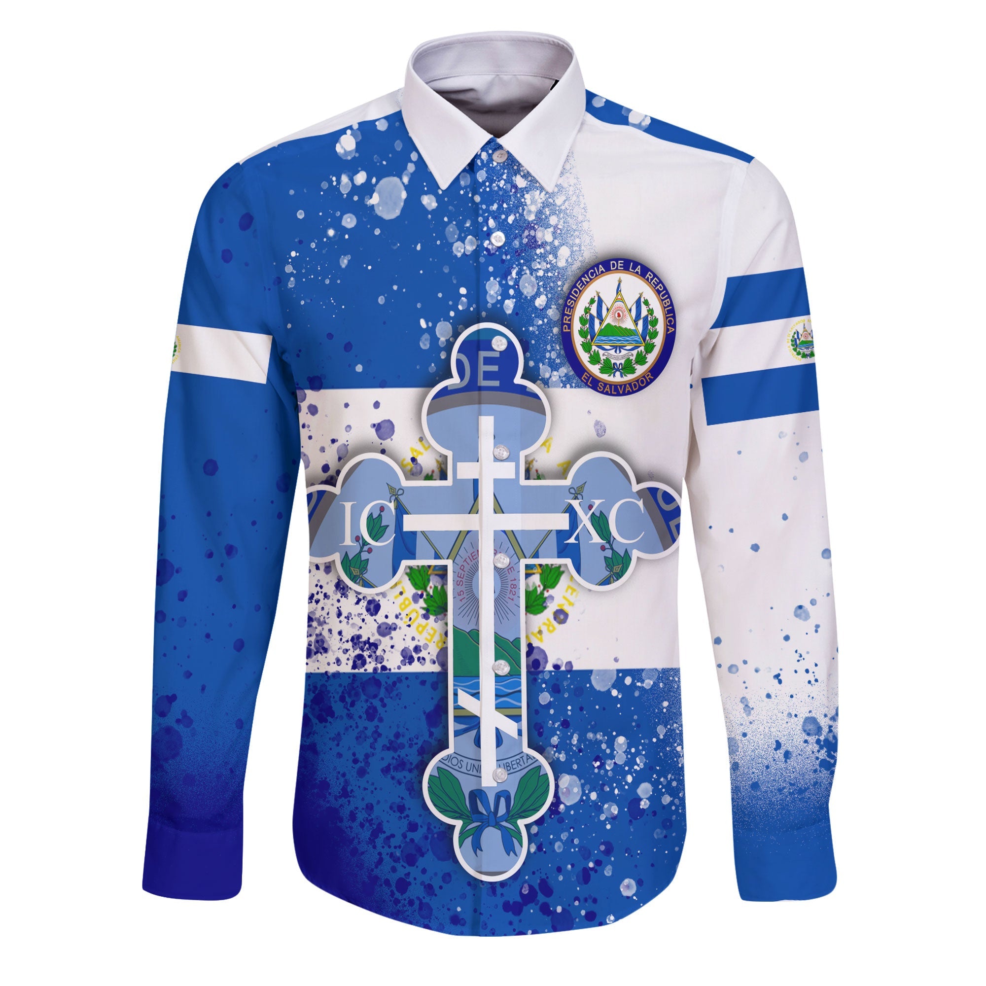 El Salvador Long Sleeve Button Shirt Flag & Coat Of Arms Orthodox Style