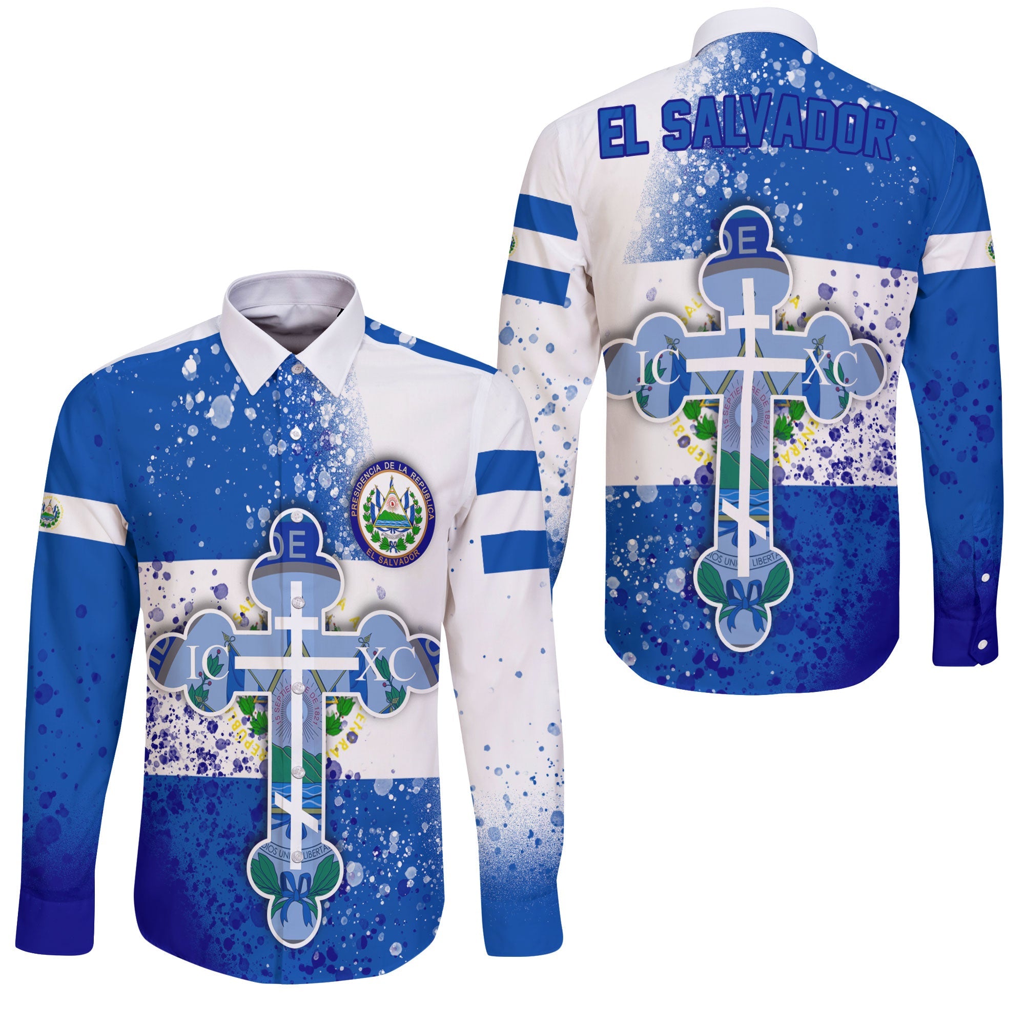 El Salvador Long Sleeve Button Shirt Flag & Coat Of Arms Orthodox Style