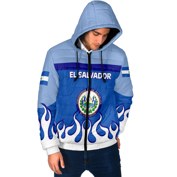 El Salvador Men Hooded Padded Jacket Flag & Coat Of Arms Fire Hockey Style