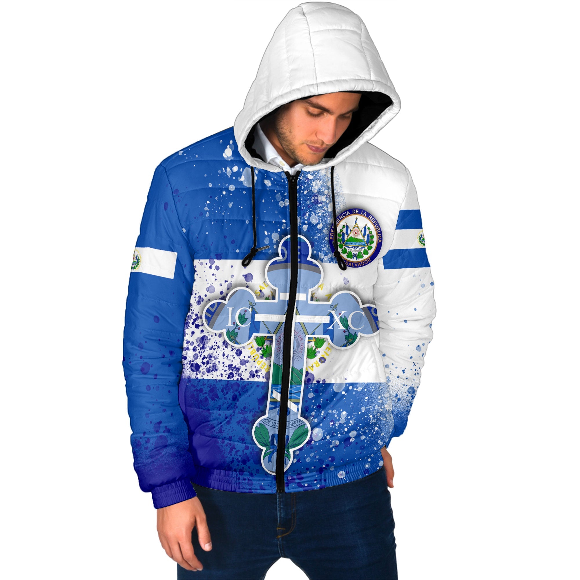 El Salvador Men Hooded Padded Jacket Flag & Coat Of Arms Orthodox Style