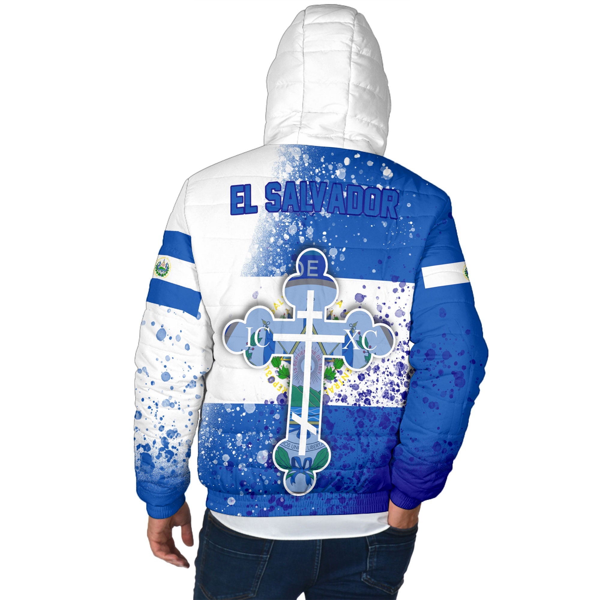 El Salvador Men Hooded Padded Jacket Flag & Coat Of Arms Orthodox Style