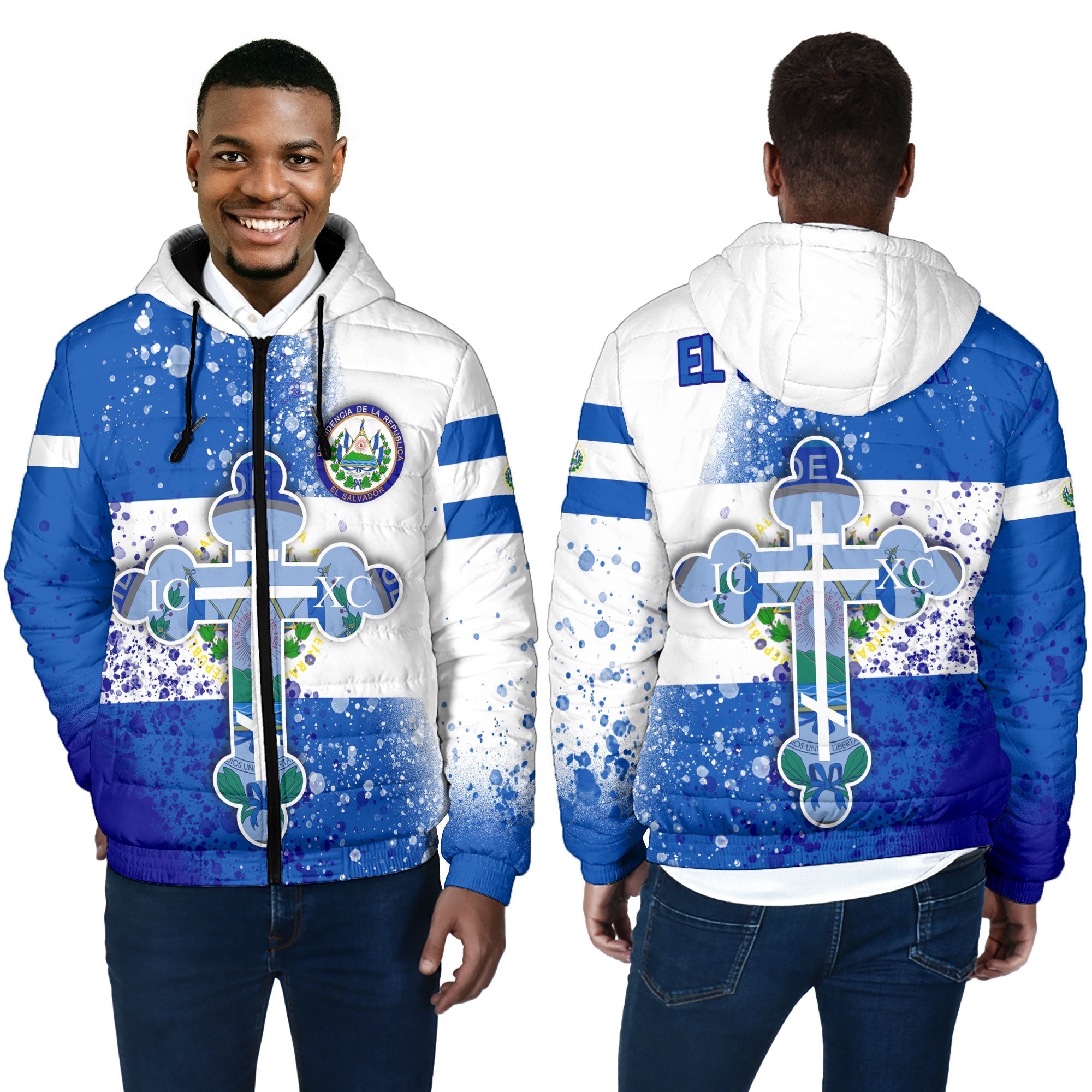 El Salvador Men Hooded Padded Jacket Flag & Coat Of Arms Orthodox Style