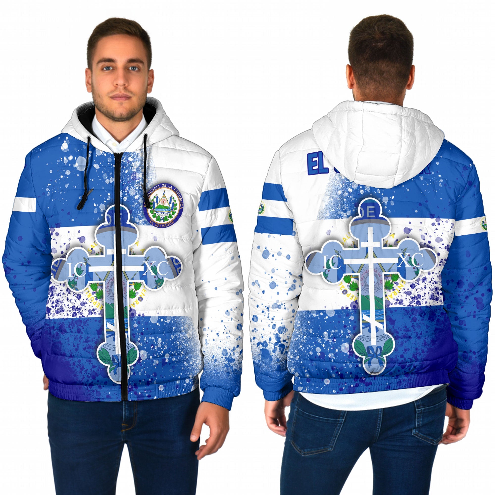 El Salvador Men Hooded Padded Jacket Flag & Coat Of Arms Orthodox Style