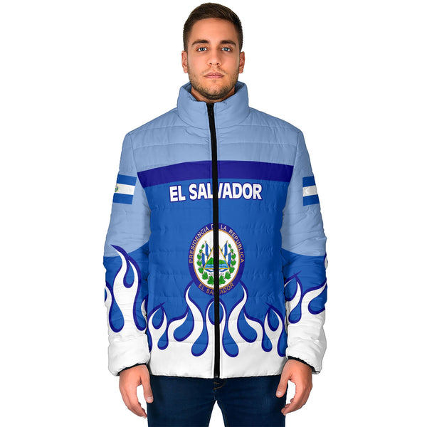 El Salvador Men Padded Jacket Flag & Coat Of Arms Fire Hockey Style