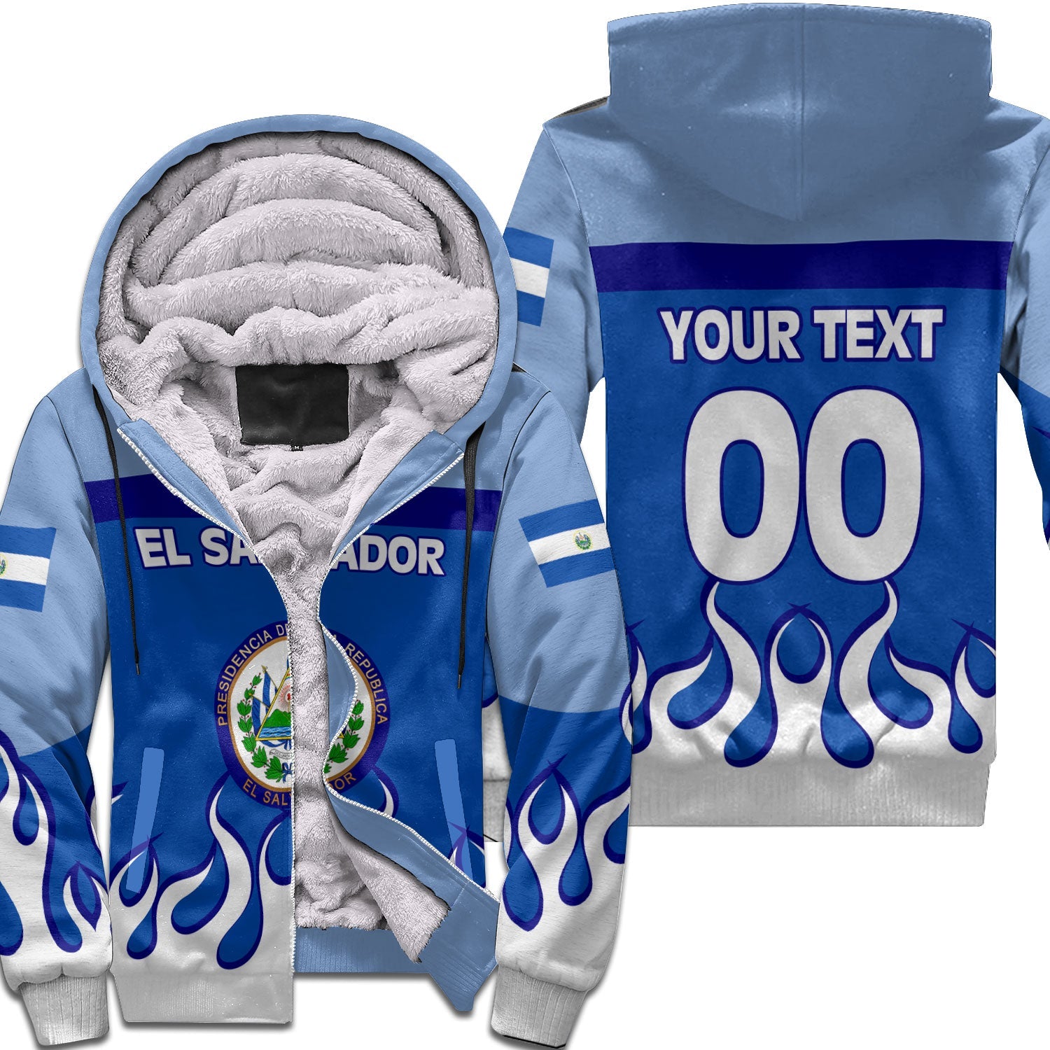 El Salvador Sherpa Hoodie Flag & Coat Of Arms Fire Hockey Style