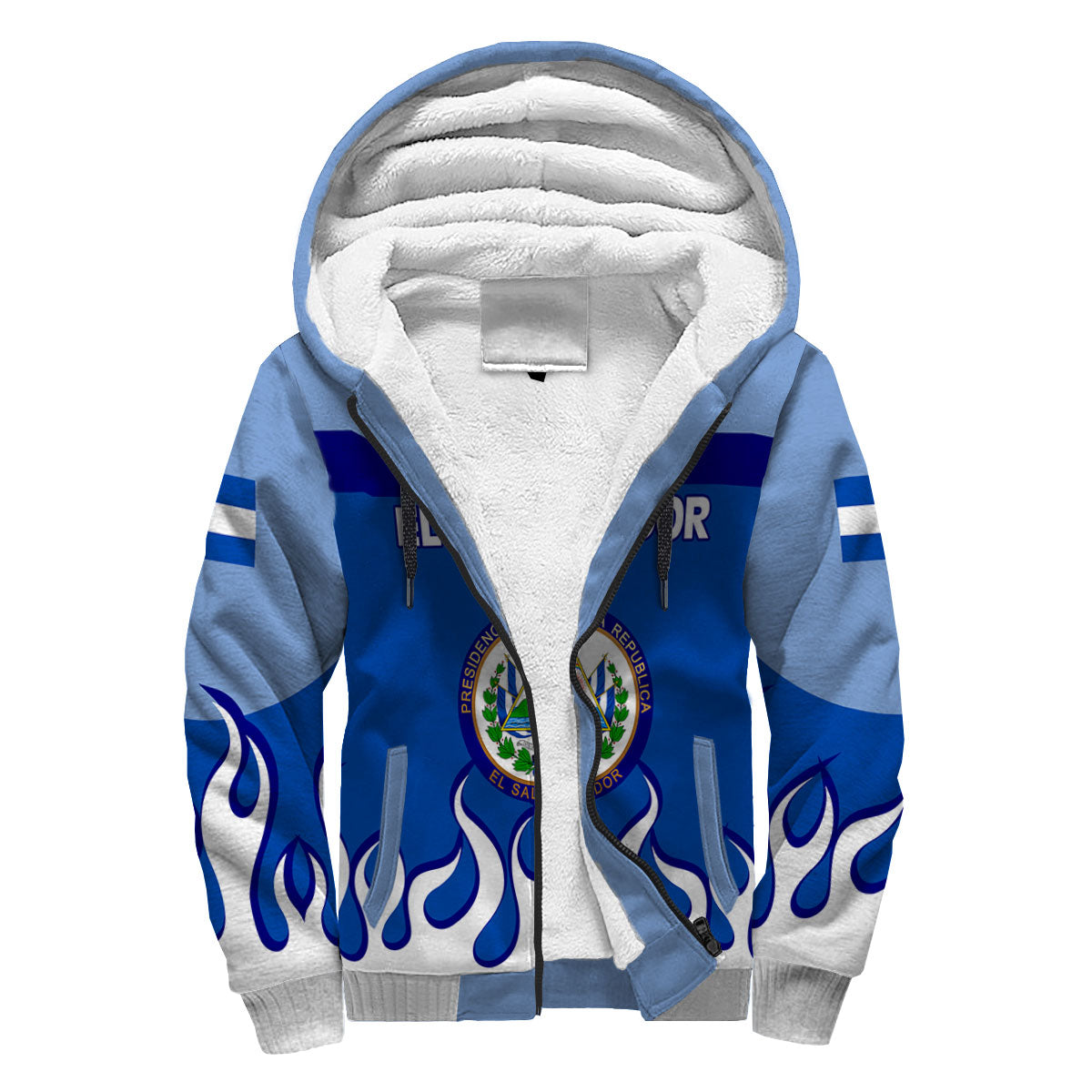 El Salvador Sherpa Hoodie Flag & Coat Of Arms Fire Hockey Style