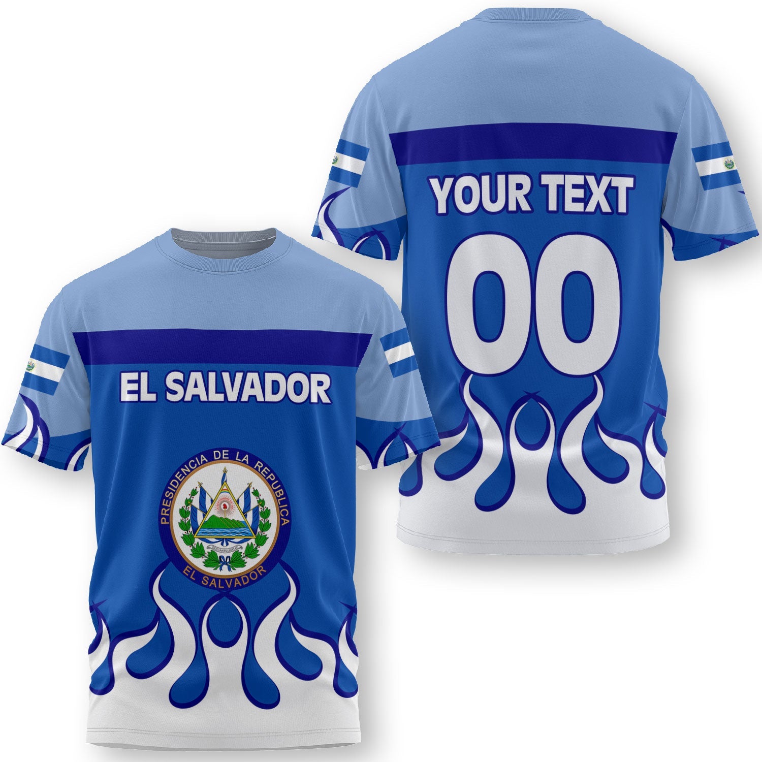 El Salvador T Shirt Flag & Coat Of Arms Fire Hockey Style