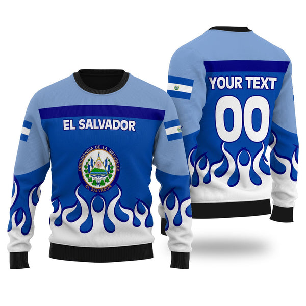 El Salvador Ugly Sweater Flag & Coat Of Arms Fire Hockey Style