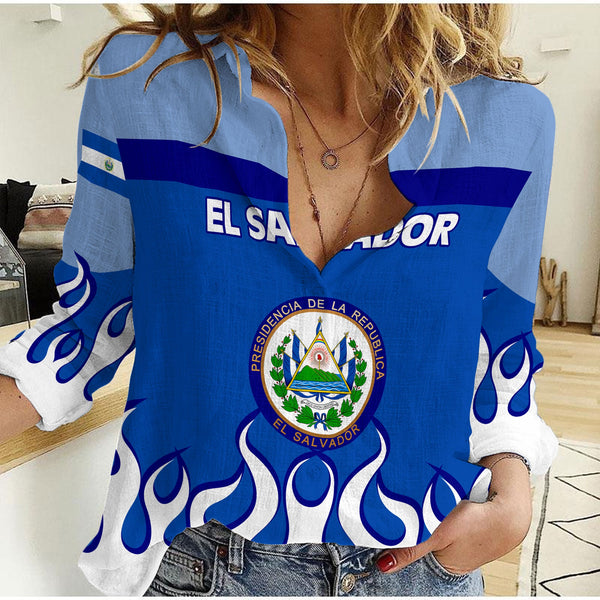 El Salvador Women Casual Shirt Flag & Coat Of Arms Fire Hockey Style