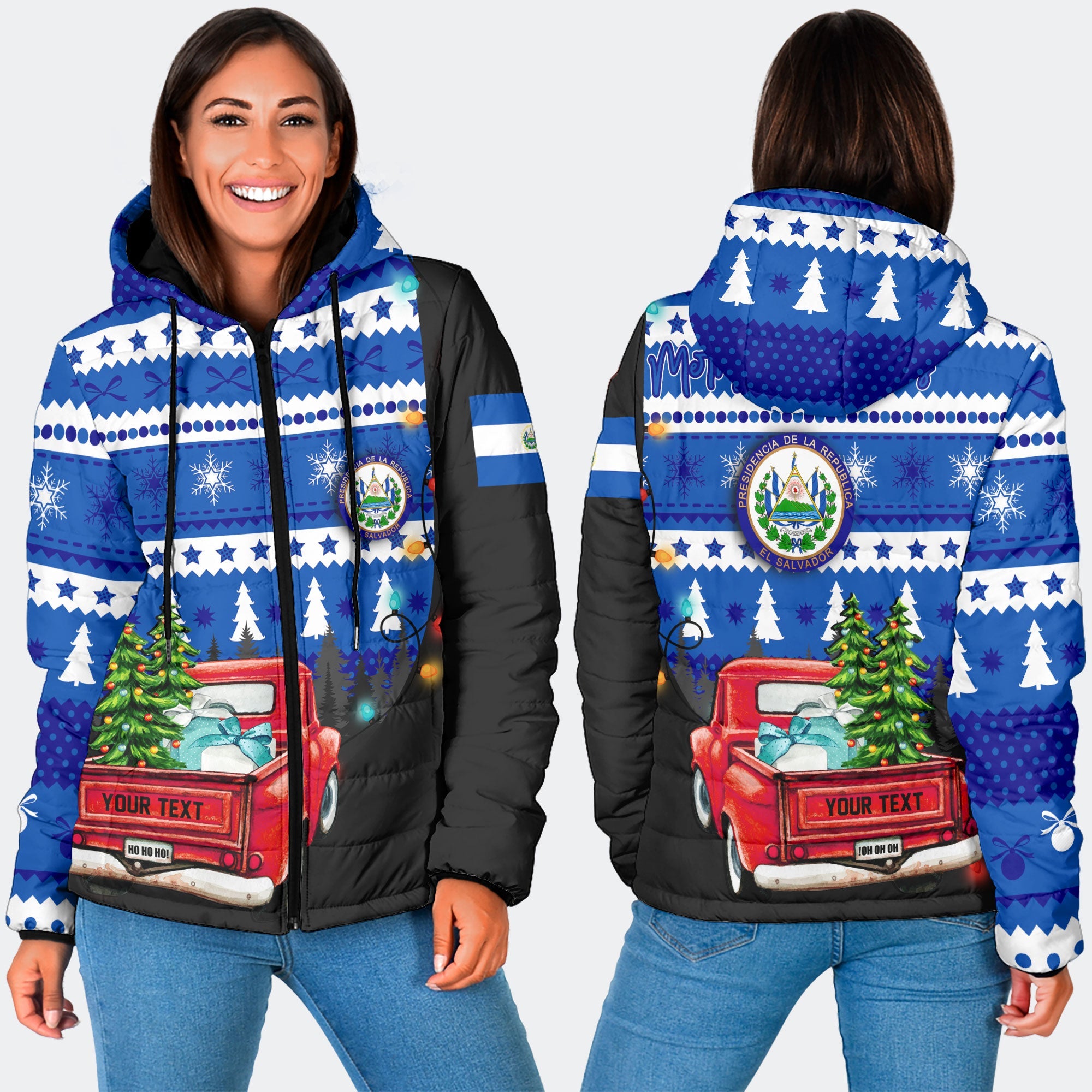 El Salvador Women Hooded Padded Jacket Coat Of Arms Christmas Style