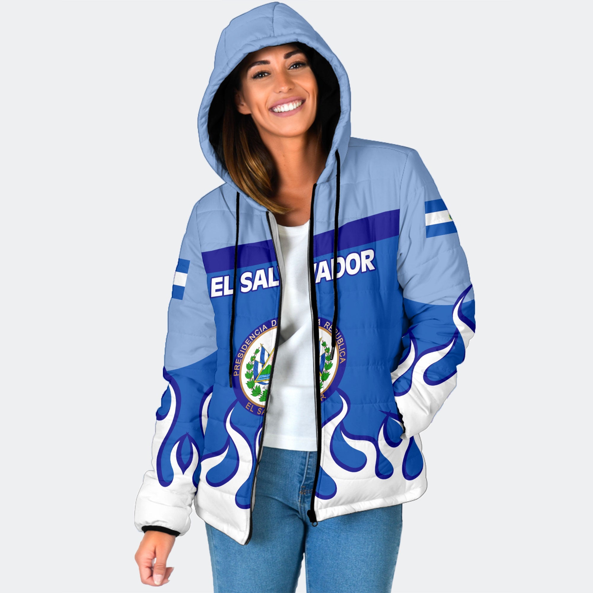 El Salvador Women Hooded Padded Jacket Flag & Coat Of Arms Fire Hockey Style