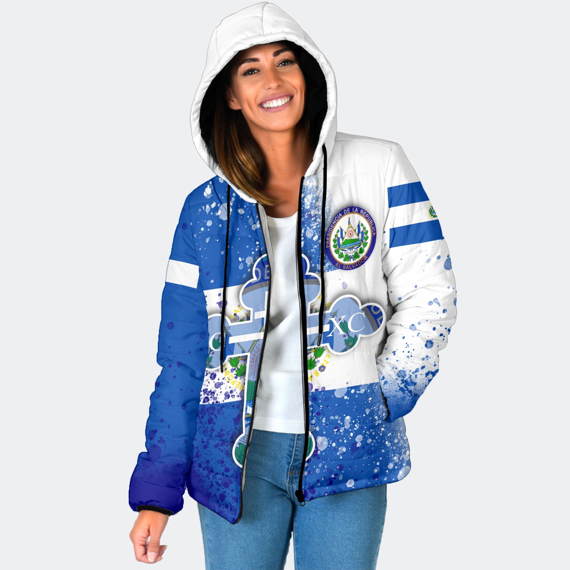 El Salvador Women Hooded Padded Jacket Flag & Coat Of Arms Orthodox Style