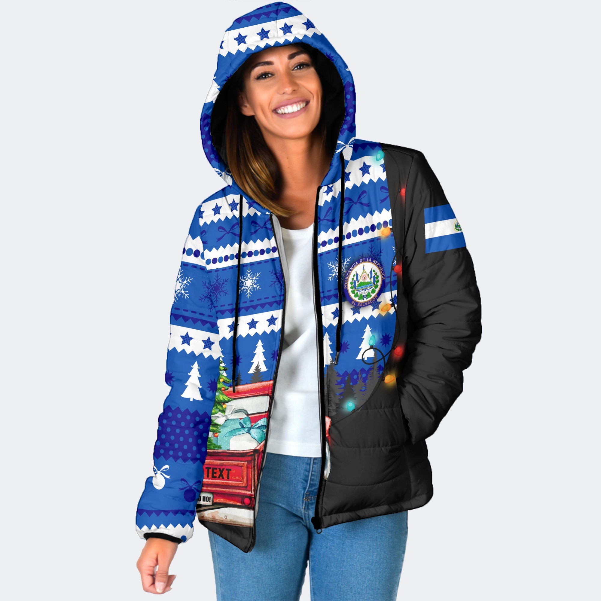 El Salvador Women Hooded Padded Jacket Coat Of Arms Christmas Style