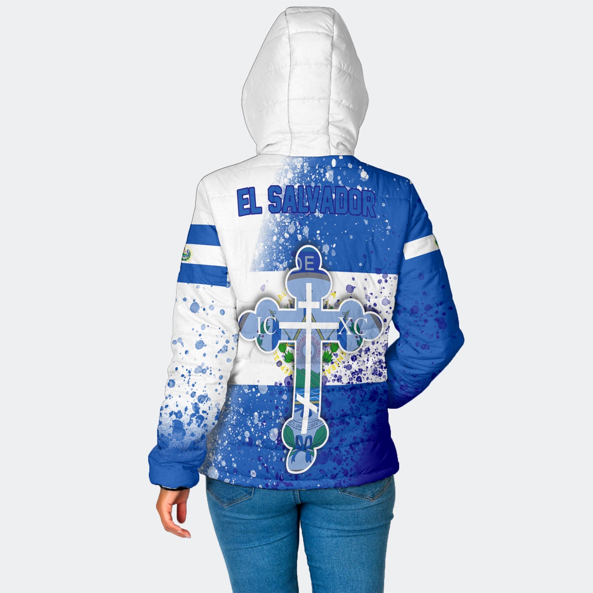 El Salvador Women Hooded Padded Jacket Flag & Coat Of Arms Orthodox Style