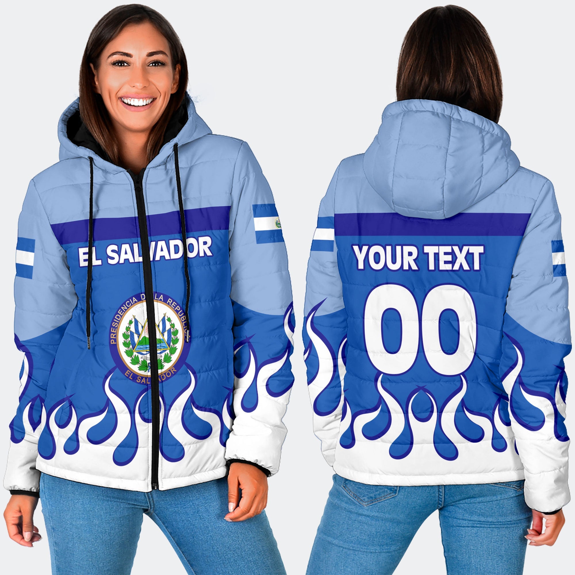 El Salvador Women Hooded Padded Jacket Flag & Coat Of Arms Fire Hockey Style