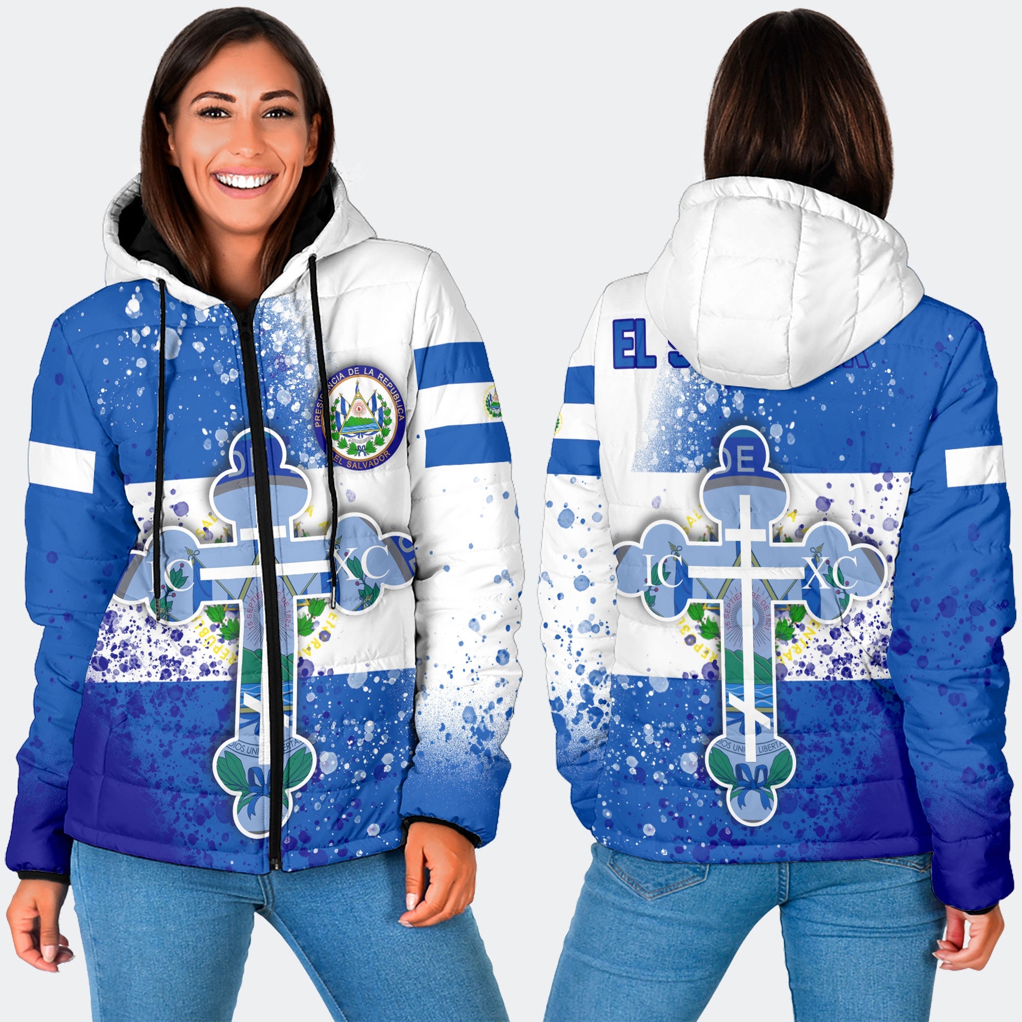 El Salvador Women Hooded Padded Jacket Flag & Coat Of Arms Orthodox Style