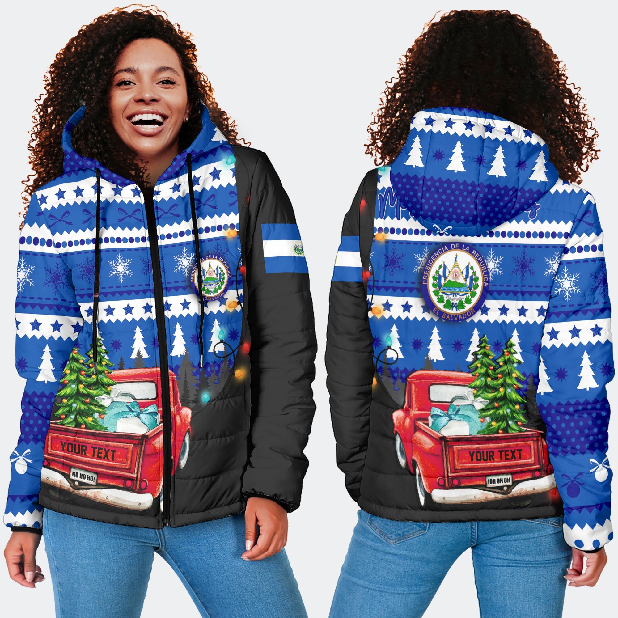 El Salvador Women Hooded Padded Jacket Coat Of Arms Christmas Style