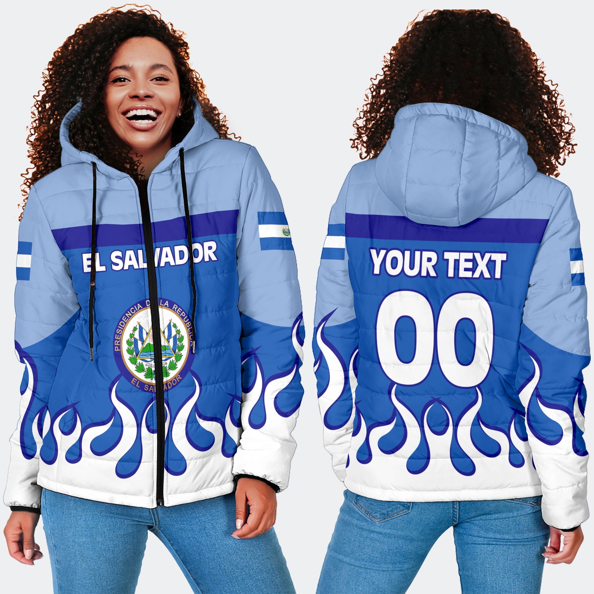 El Salvador Women Hooded Padded Jacket Flag & Coat Of Arms Fire Hockey Style