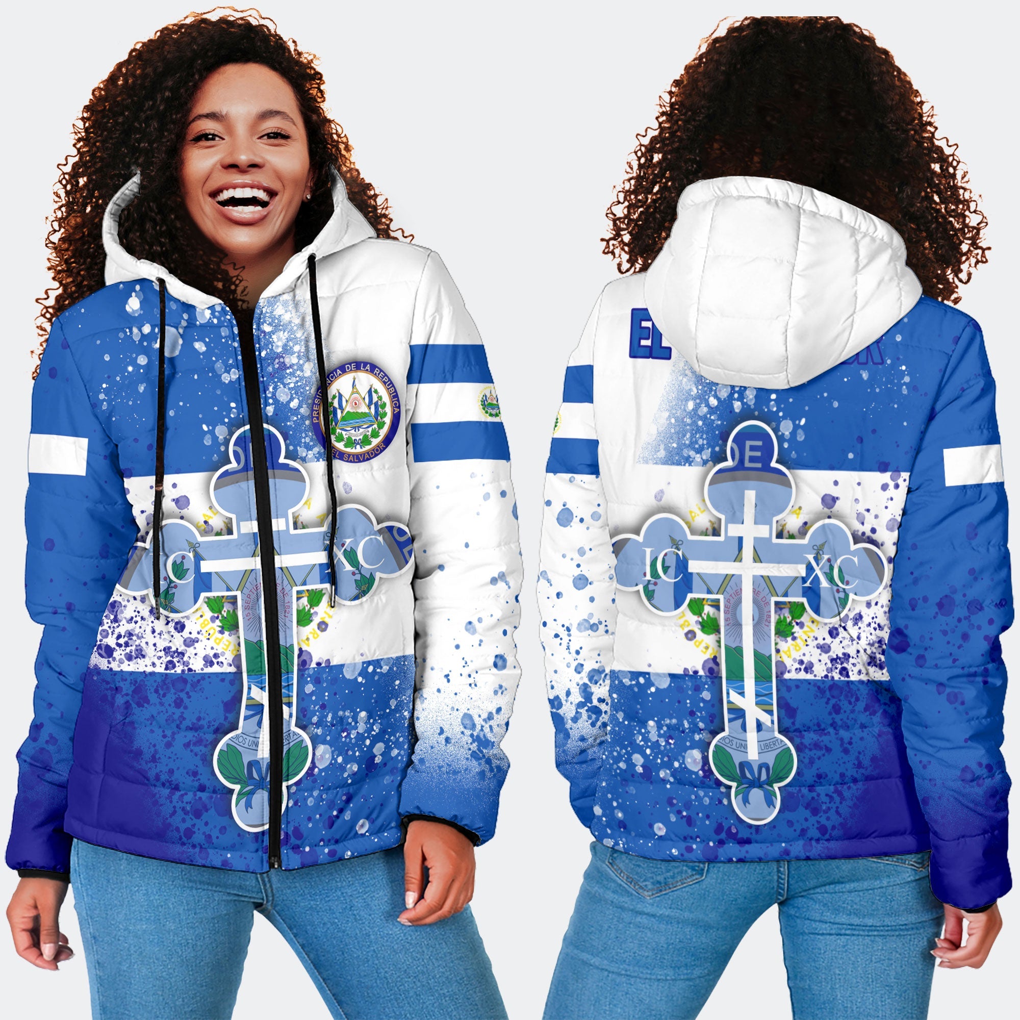 El Salvador Women Hooded Padded Jacket Flag & Coat Of Arms Orthodox Style