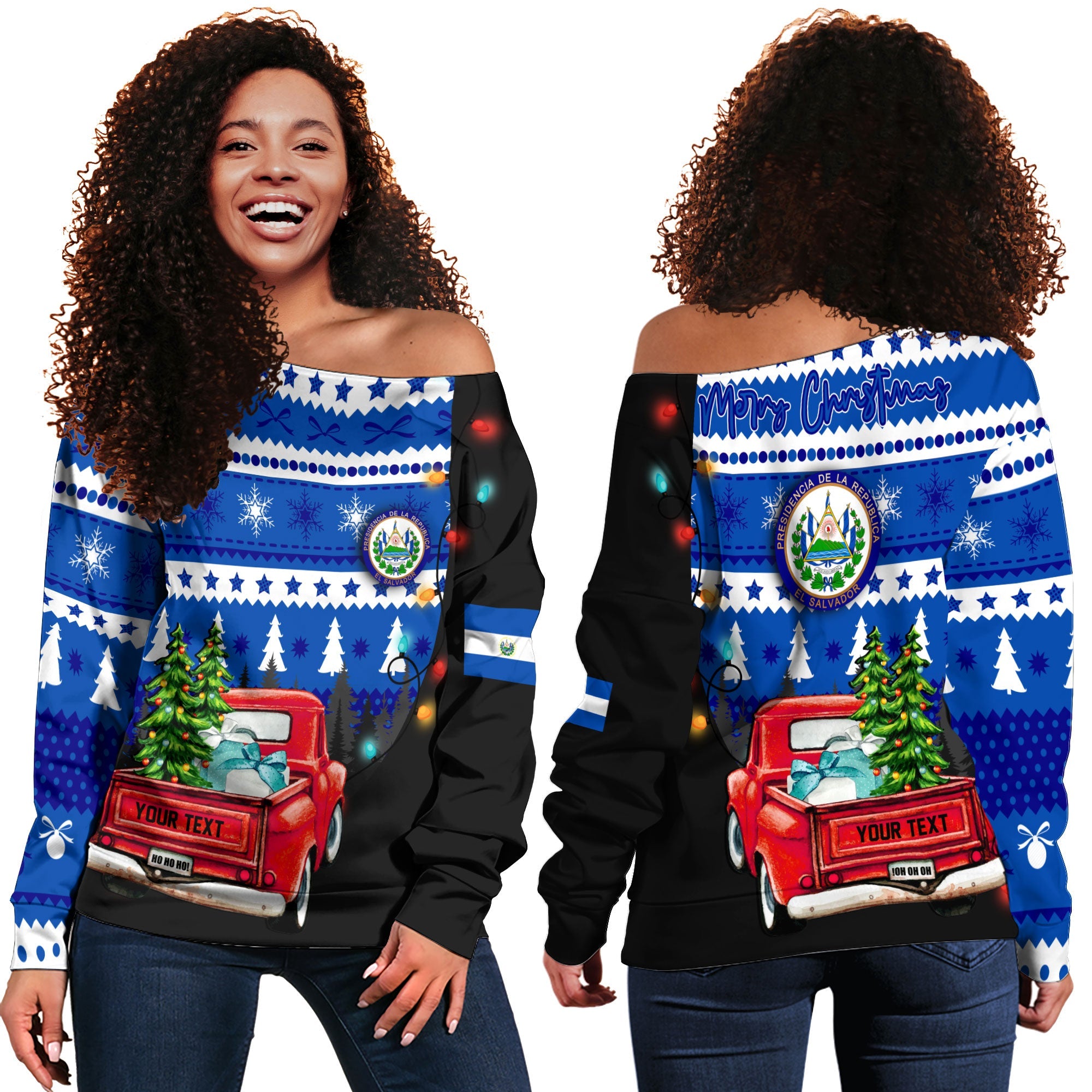 El Salvador Women Off Shoulder Sweatshirt Coat Of Arms Christmas Style