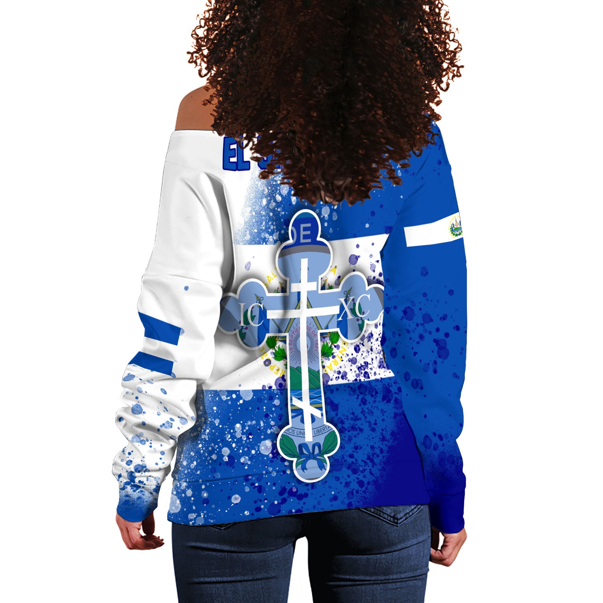 El Salvador Women Off Shoulder Sweatshirt Flag & Coat Of Arms Orthodox Style