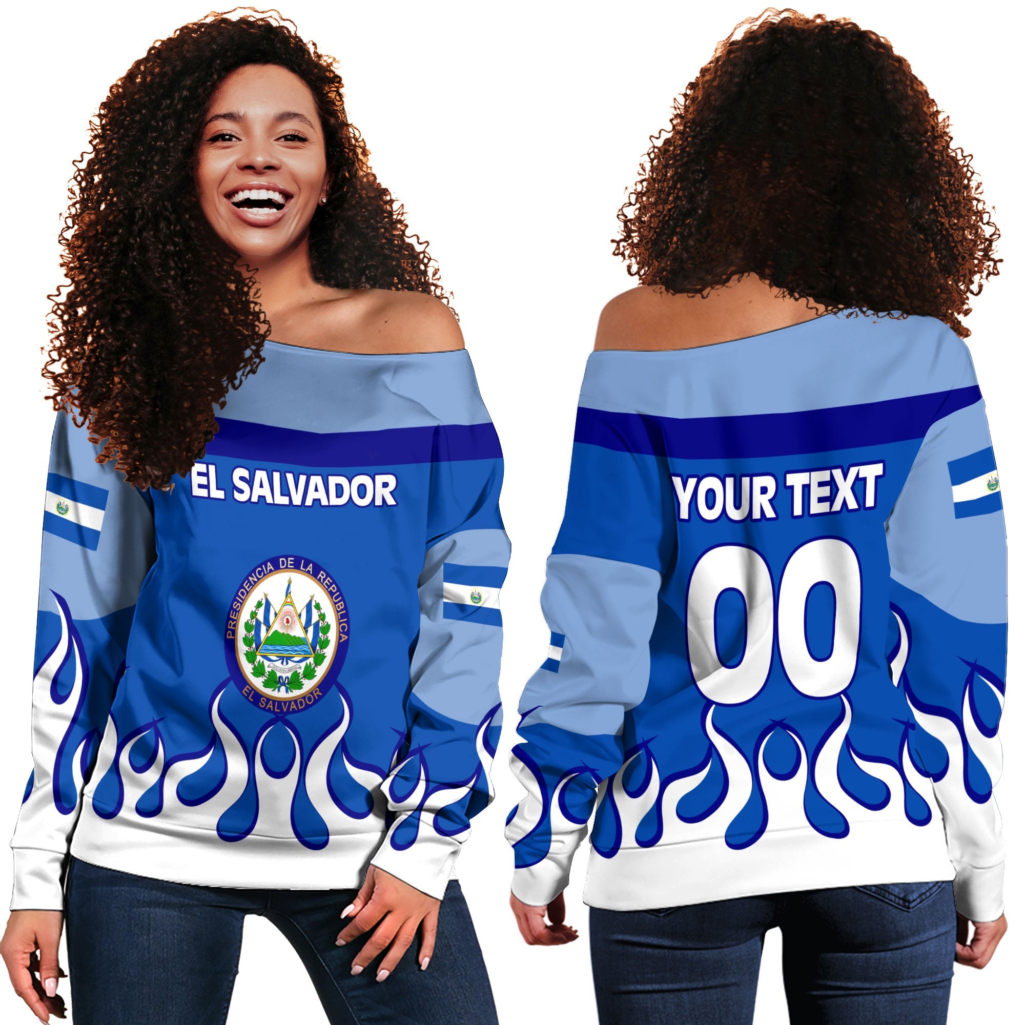 El Salvador Women Off Shoulder Sweatshirt Flag & Coat Of Arms Fire Hockey Style