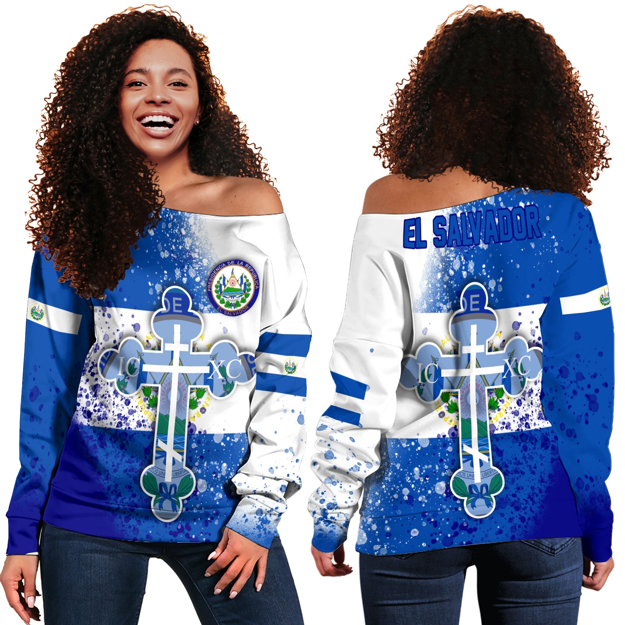 El Salvador Women Off Shoulder Sweatshirt Flag & Coat Of Arms Orthodox Style