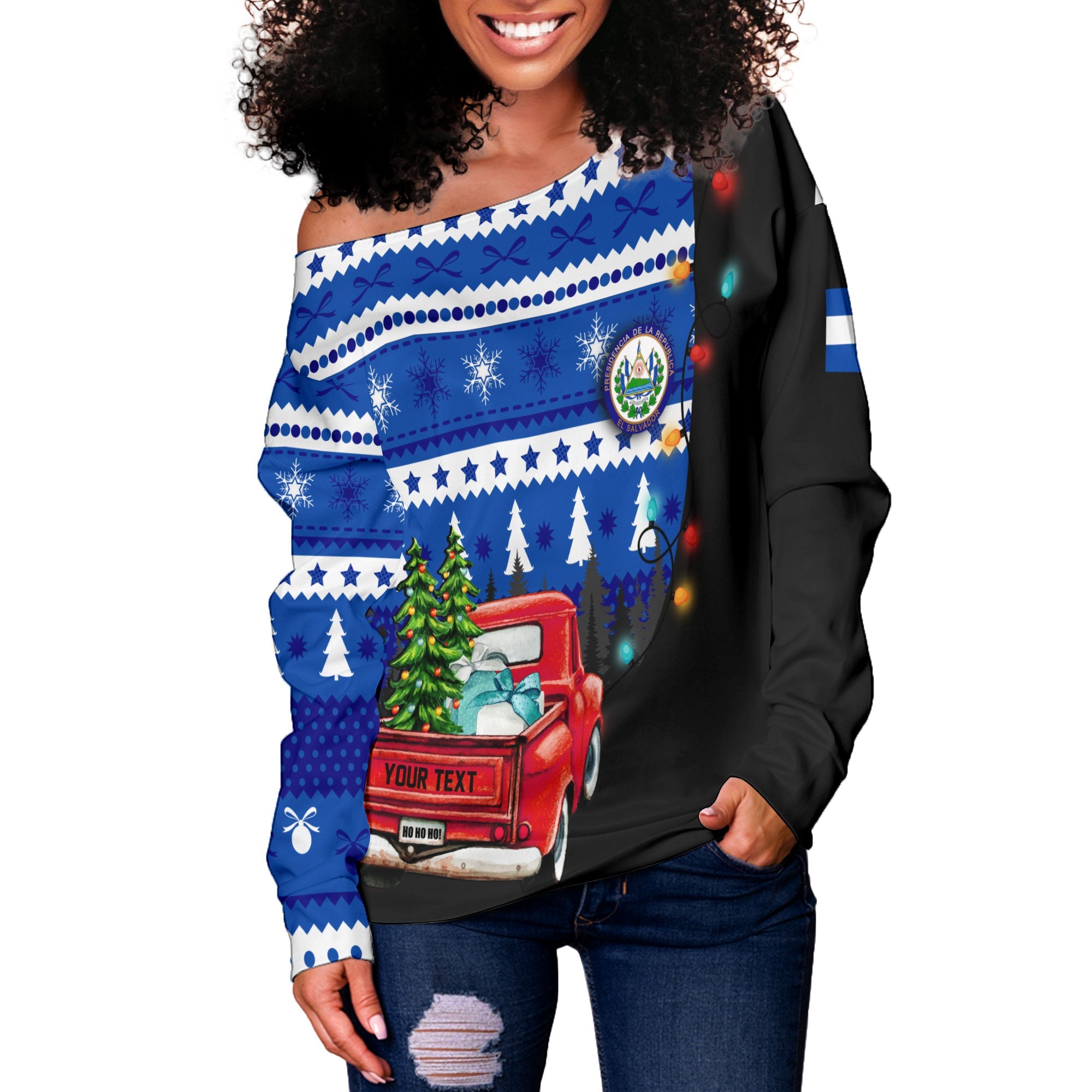 El Salvador Women Off Shoulder Sweatshirt Coat Of Arms Christmas Style