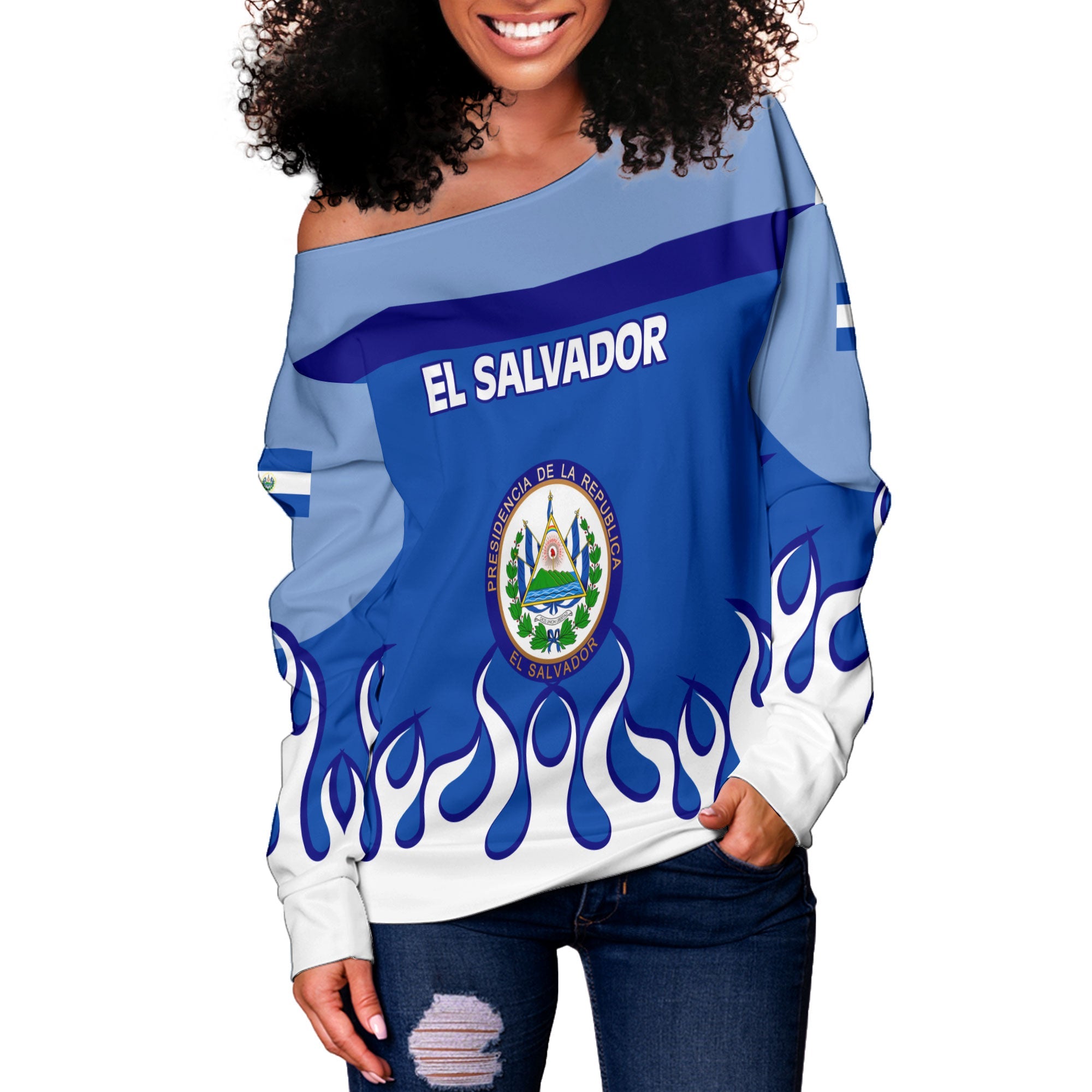 El Salvador Women Off Shoulder Sweatshirt Flag & Coat Of Arms Fire Hockey Style