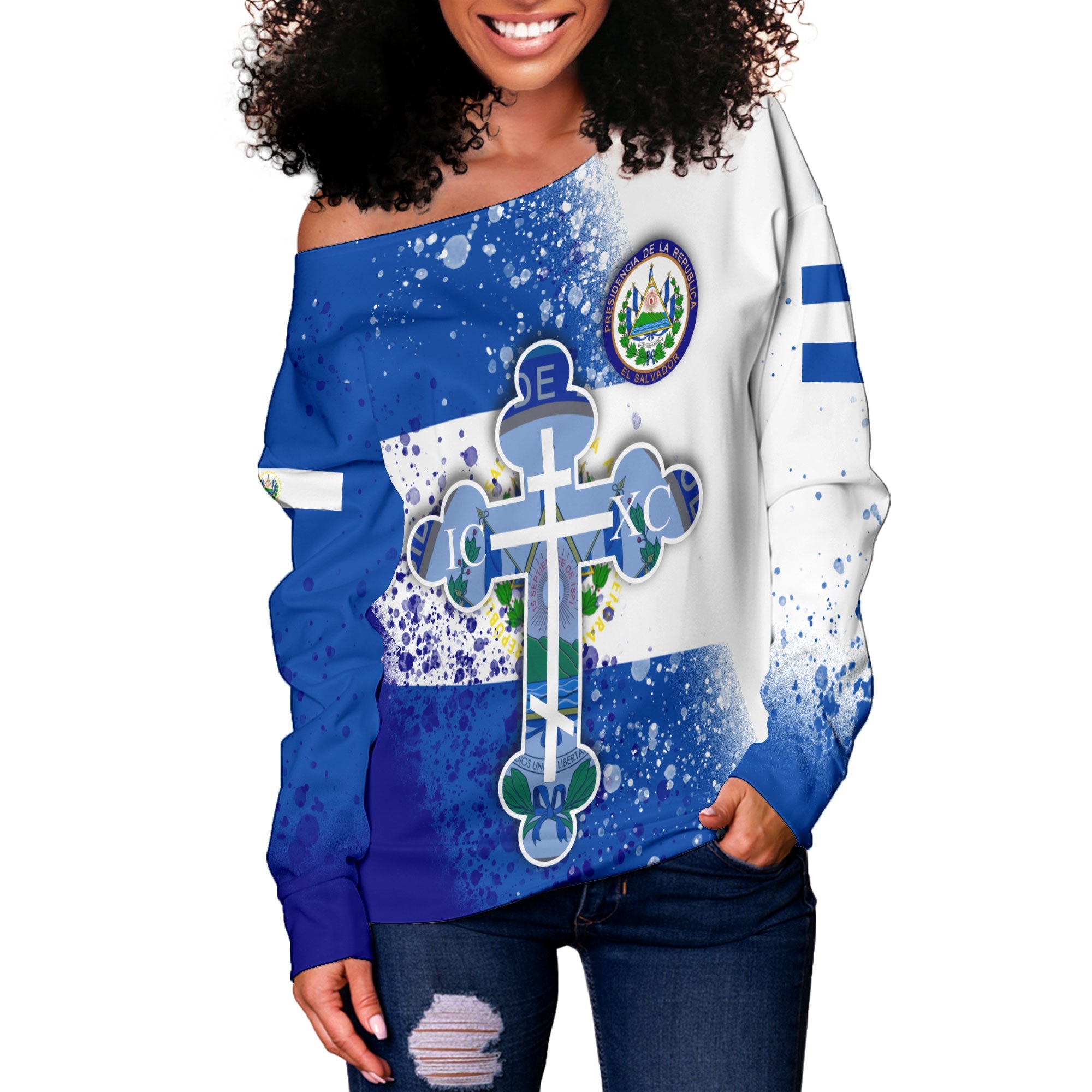 El Salvador Women Off Shoulder Sweatshirt Flag & Coat Of Arms Orthodox Style