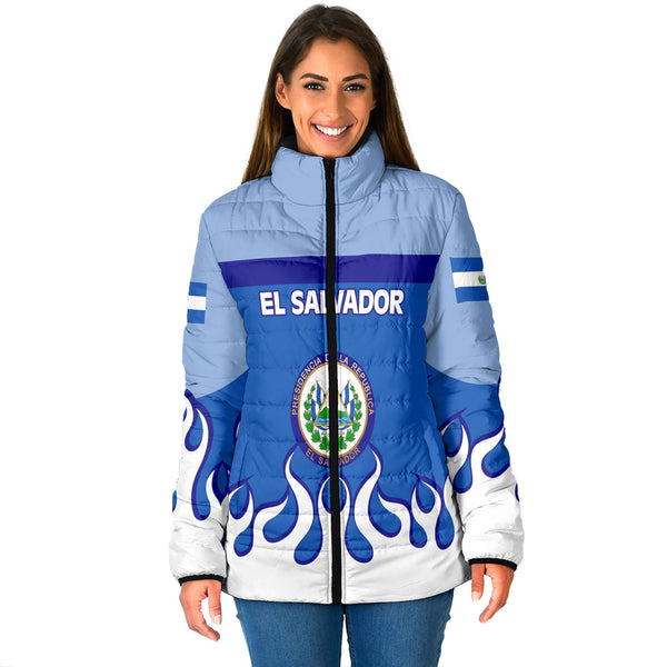 El Salvador Women Padded Jacket Flag & Coat Of Arms Fire Hockey Style