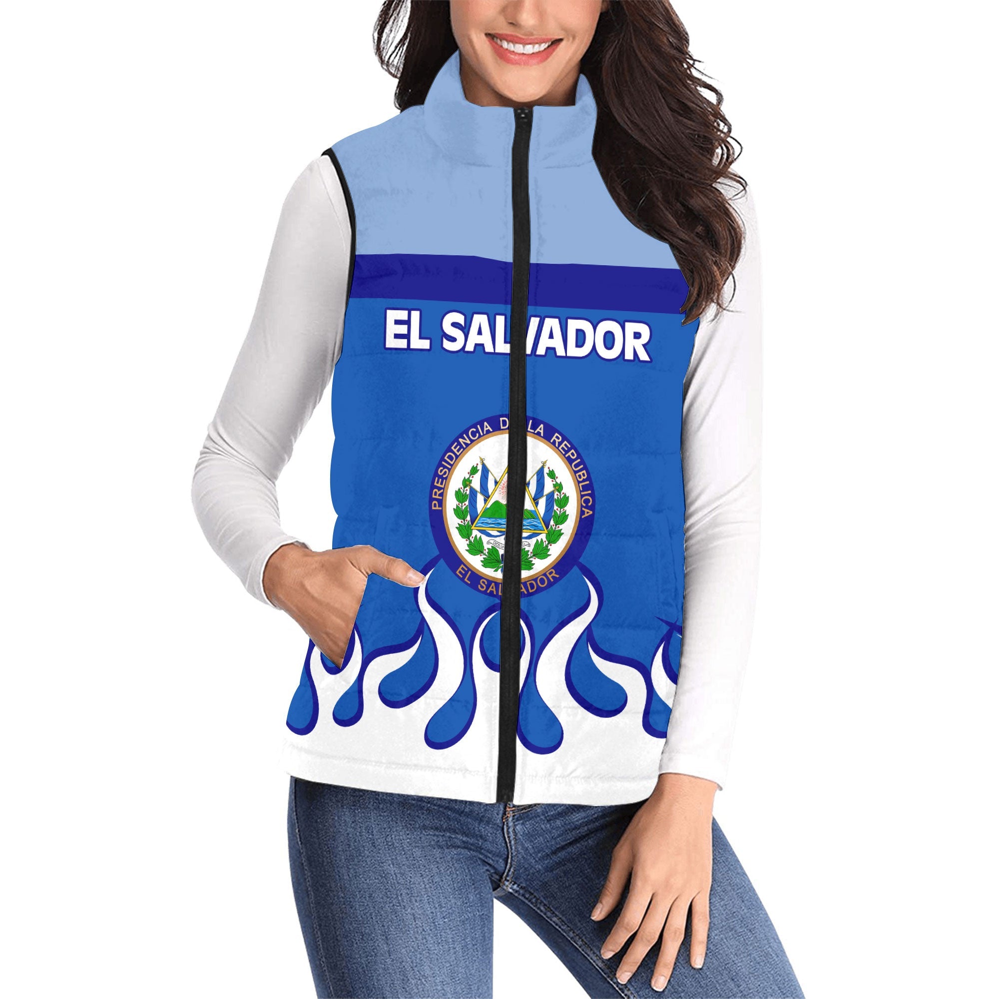 El Salvador Women Padded Jacket Vest Flag & Coat Of Arms Fire Hockey Style