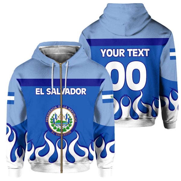 El Salvador Zip Hoodie Flag & Coat Of Arms Fire Hockey Style