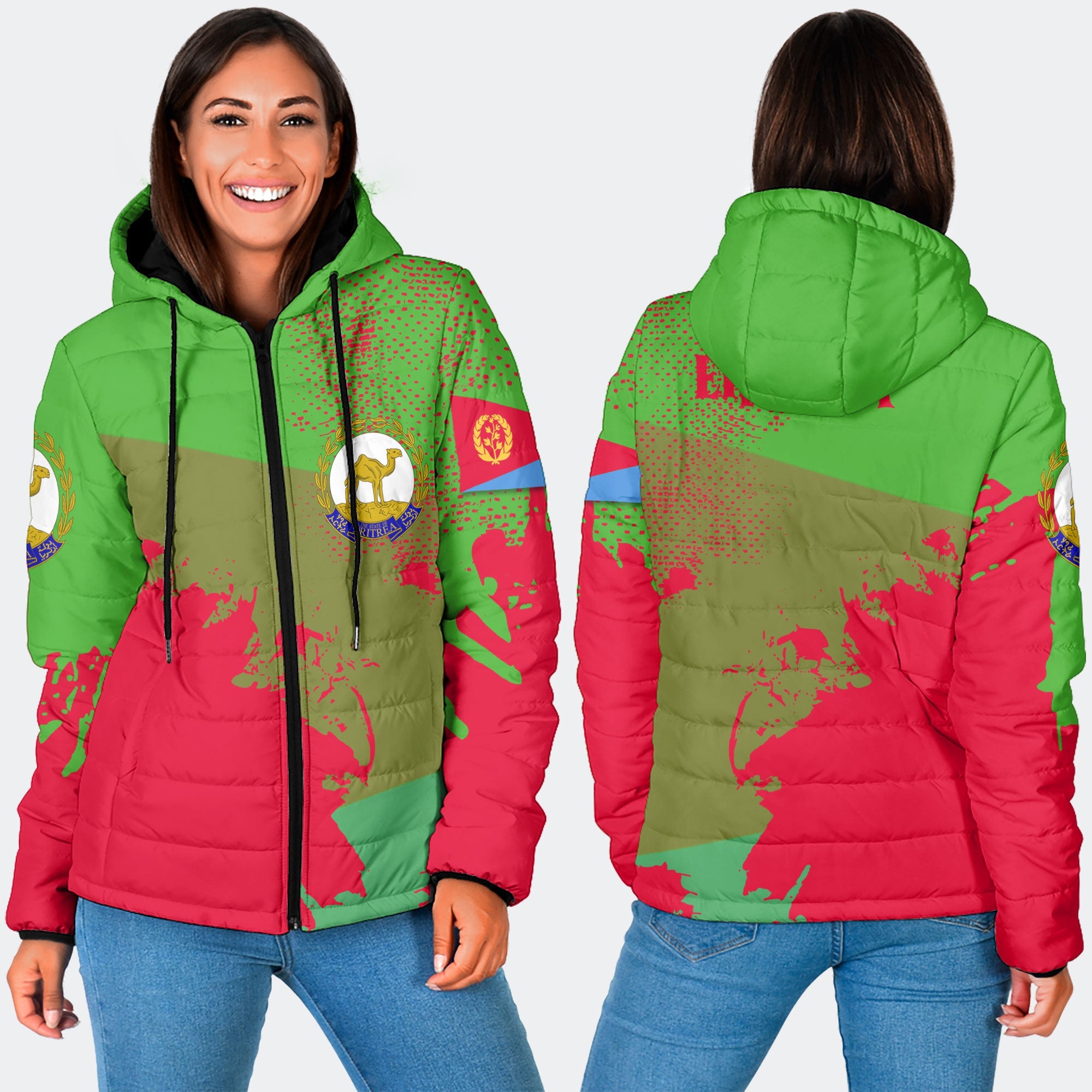 Eritrea Women Hooded Padded Jacket Flag & Coat Of Arms Paint Style