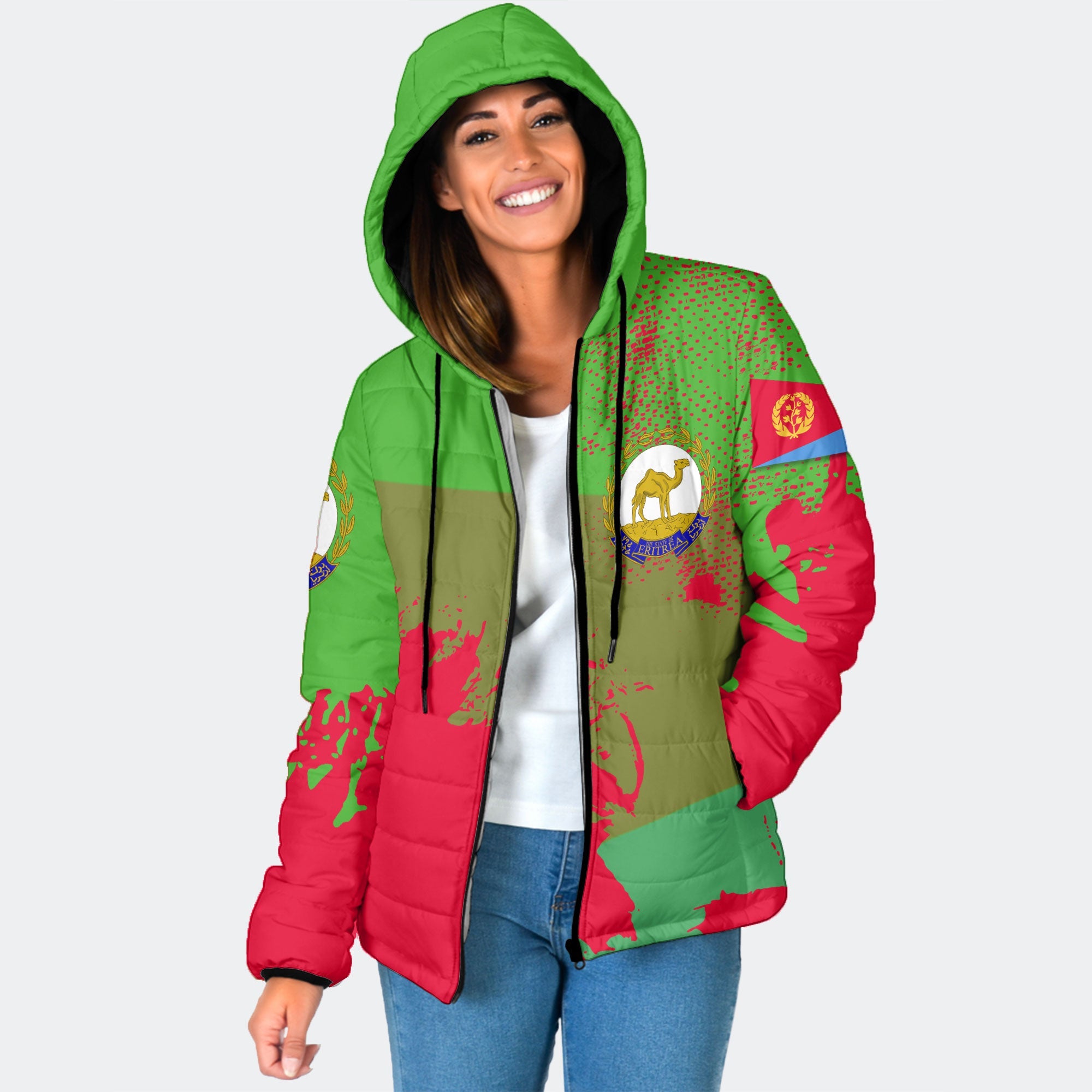 Eritrea Women Hooded Padded Jacket Flag & Coat Of Arms Paint Style