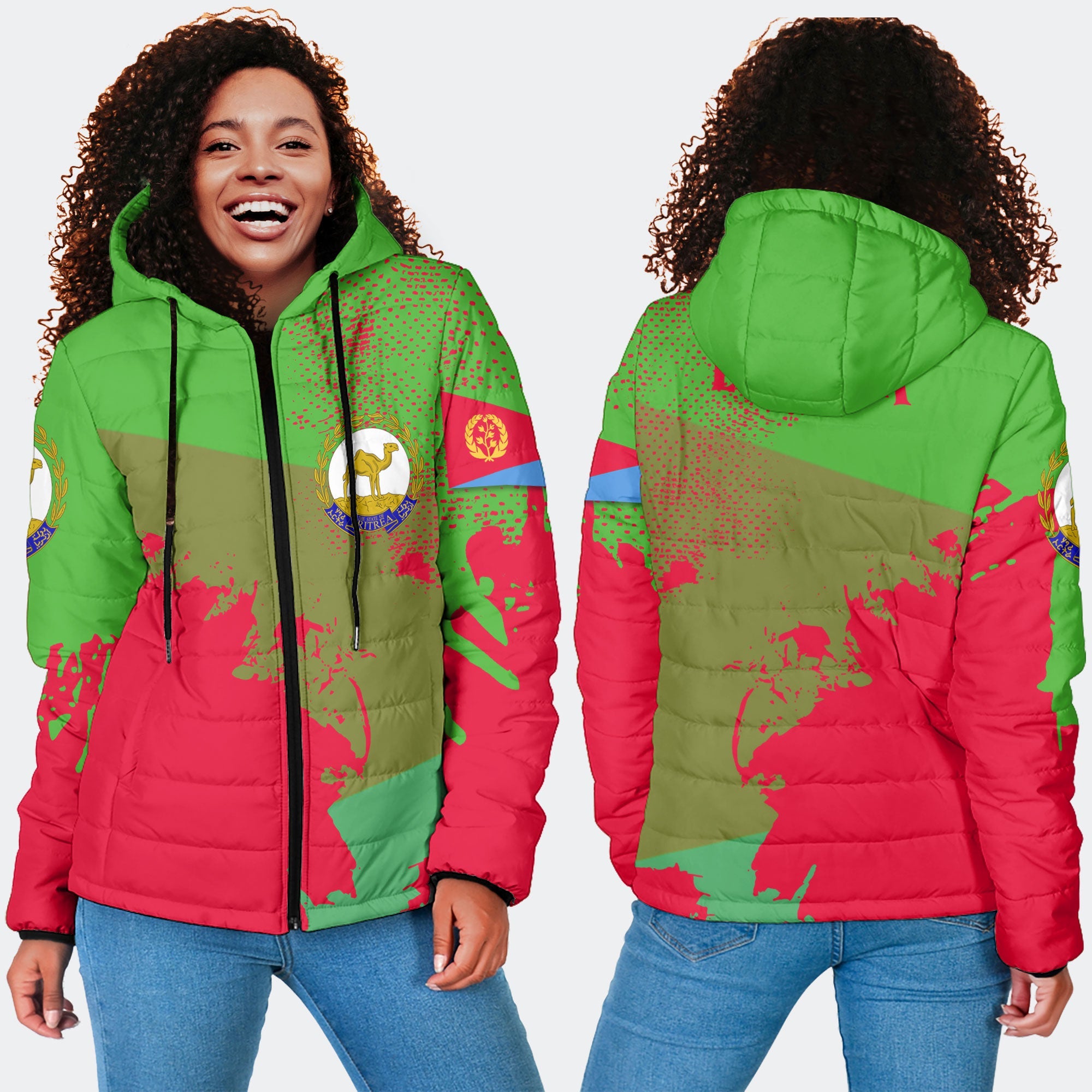 Eritrea Women Hooded Padded Jacket Flag & Coat Of Arms Paint Style