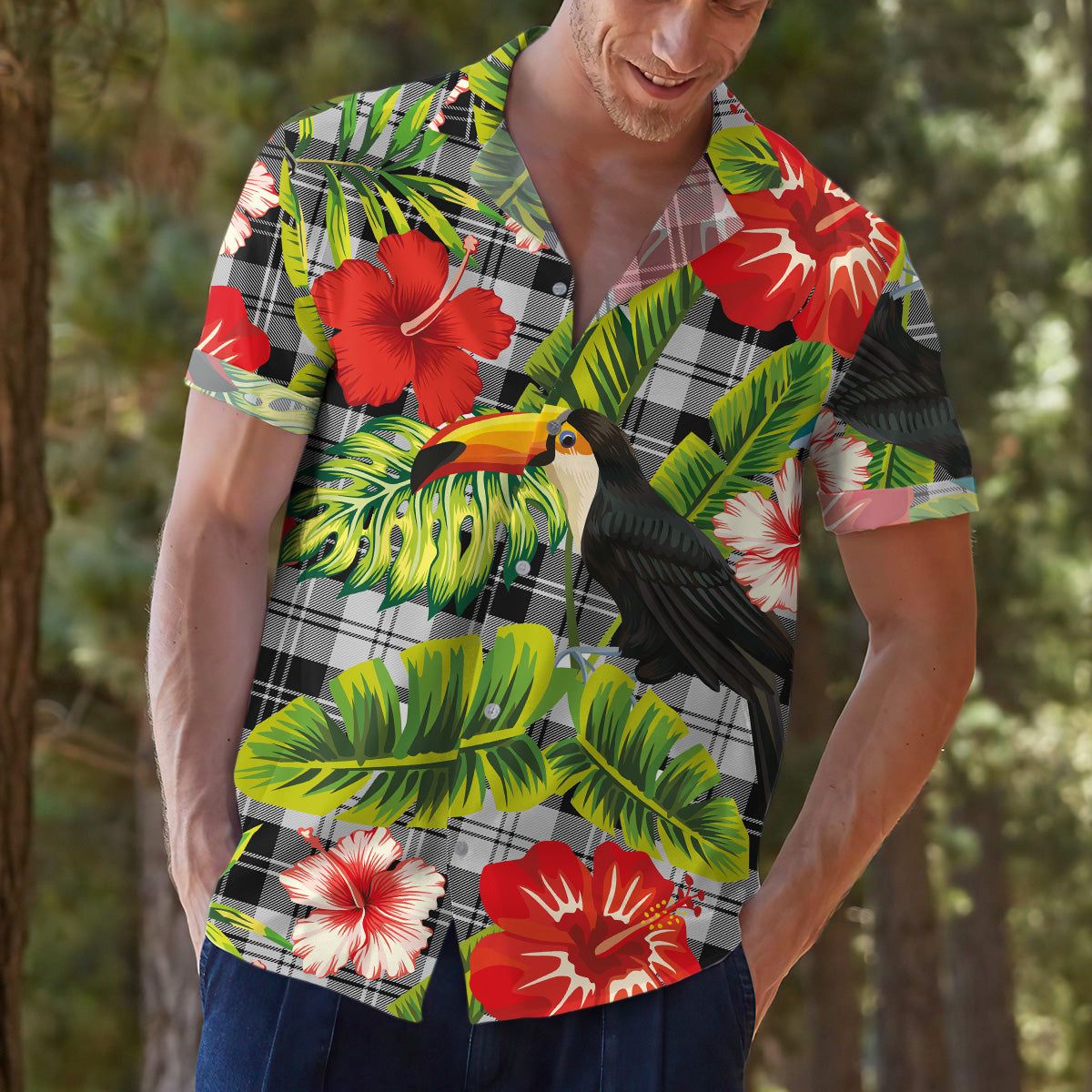 Scottish Tartan Erskine Black and White Clan Hawaiian Shirt Hibiscus - Tropical Garden Style