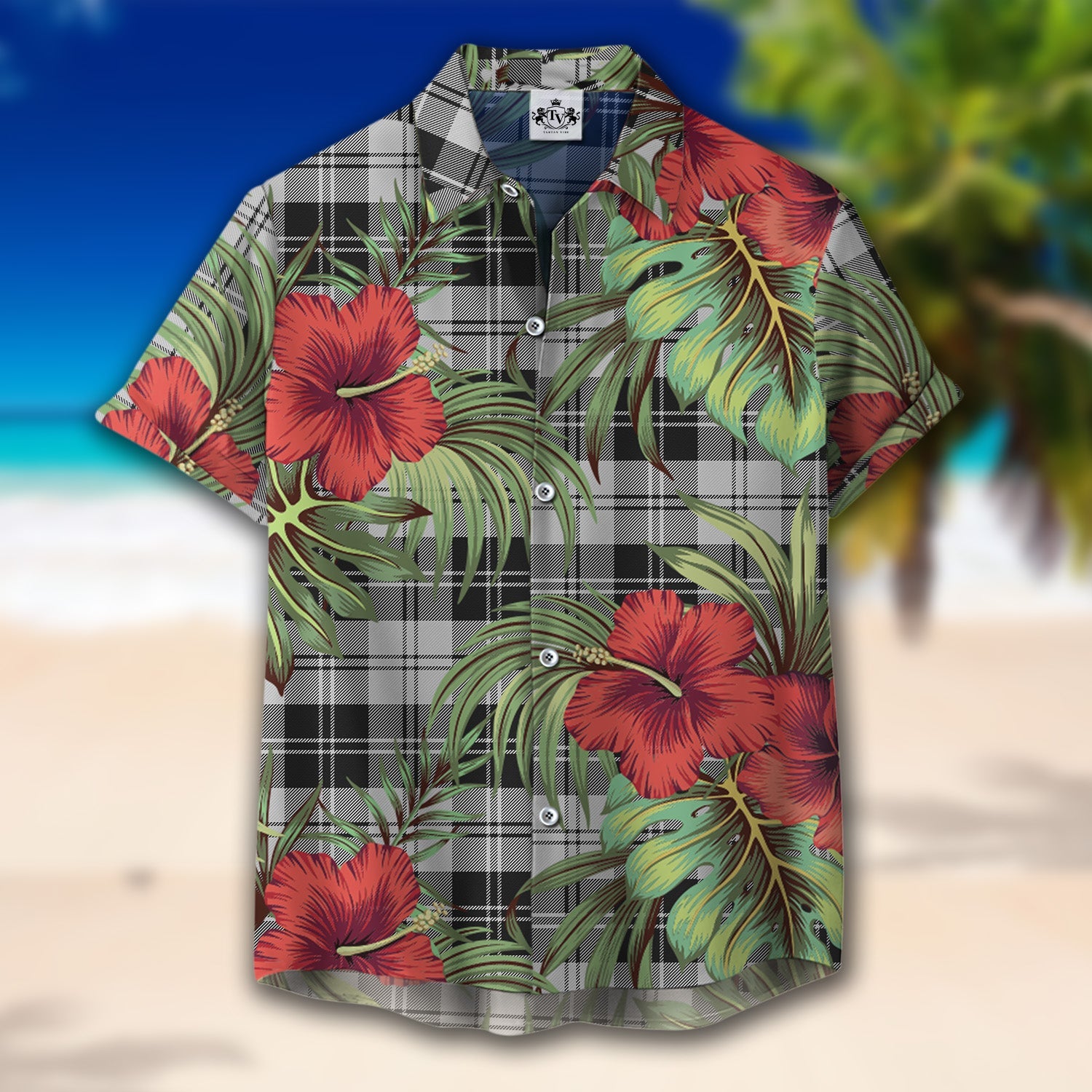 Scottish Tartan Erskine Black and White Clan Hawaiian Shirt Hibiscus - Tropical Garden Style