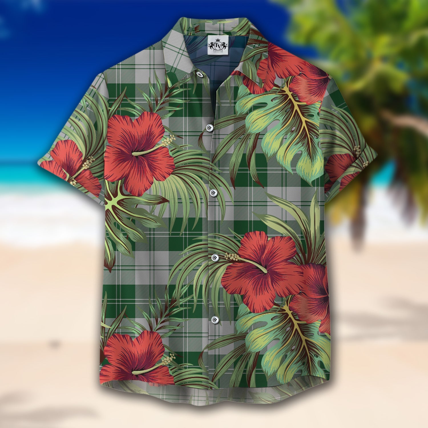 Scottish Tartan Erskine Green Clan Hawaiian Shirt Hibiscus - Tropical Garden Style