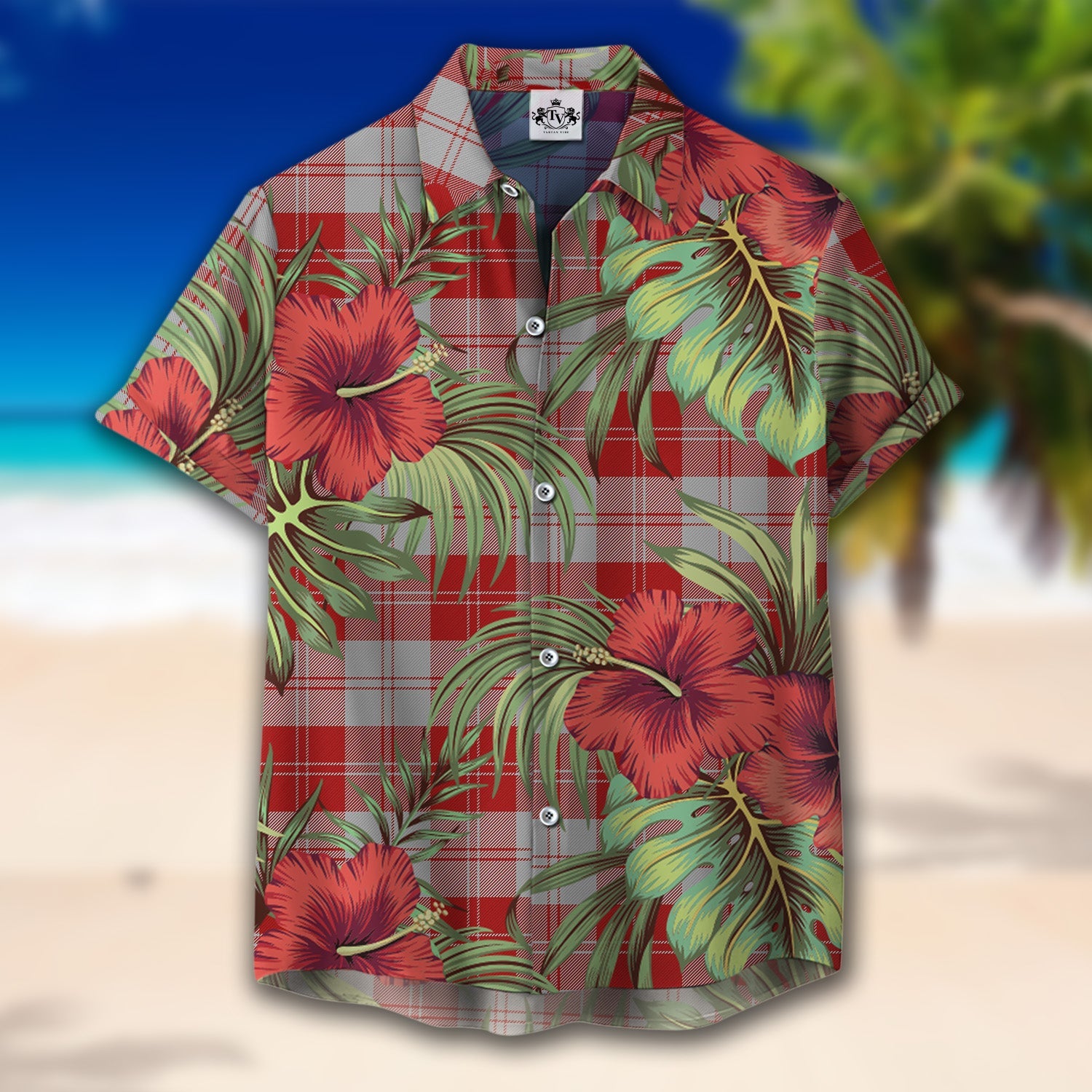 Scottish Tartan Erskine Red Clan Hawaiian Shirt Hibiscus - Tropical Garden Style