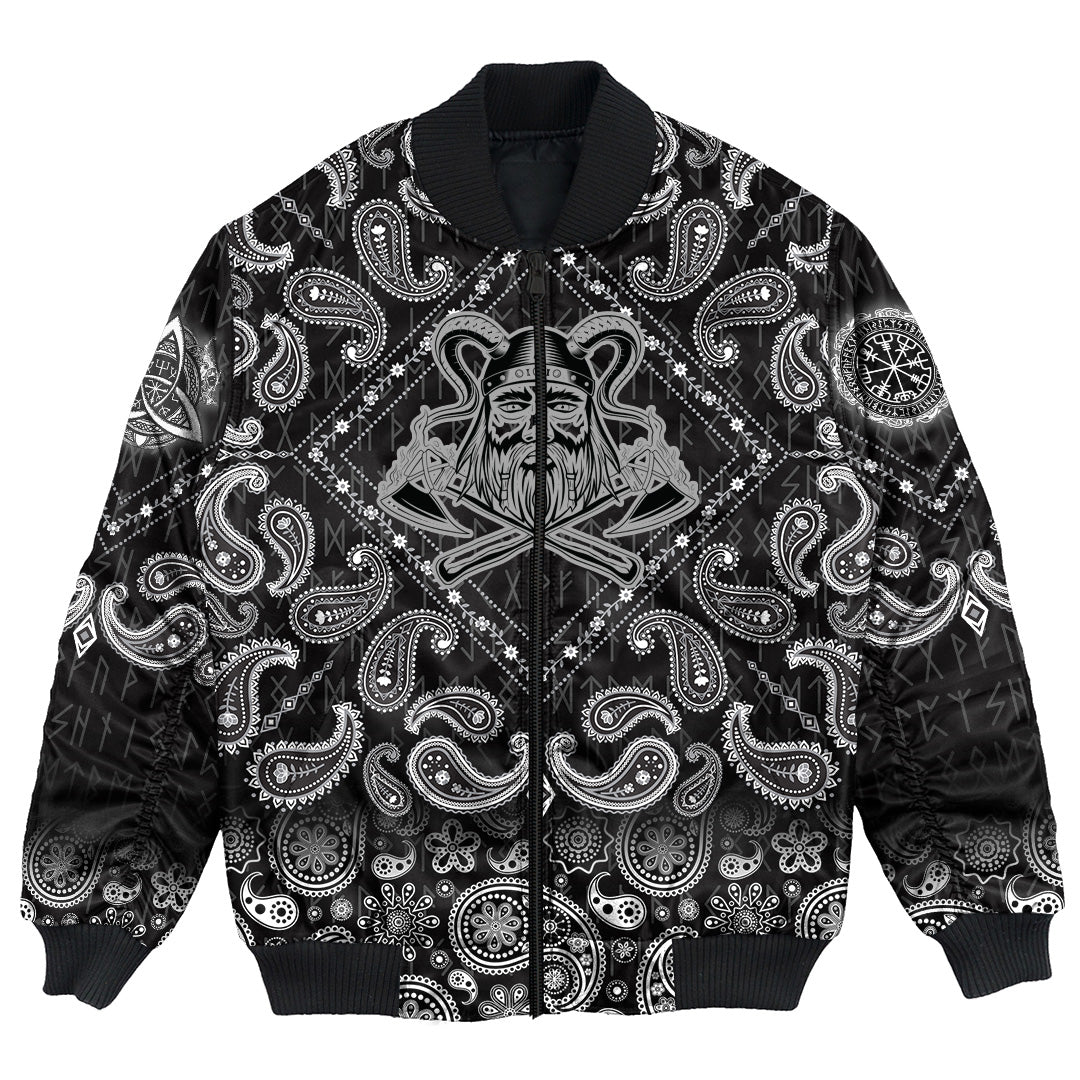 Viking Bomber Jacket Face With Two Axe with Bandana Paisley Style