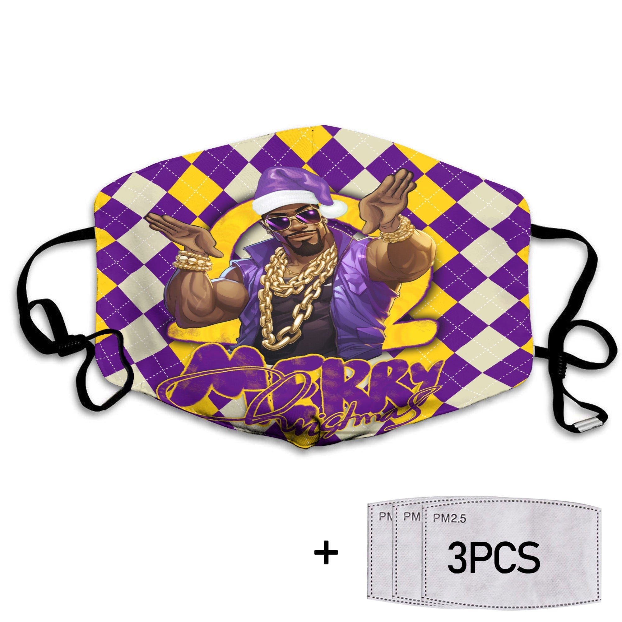 Fraternity Face Mask - OPP Christmas Face Mask Bulldog Purple Gold Caro Pattern Style